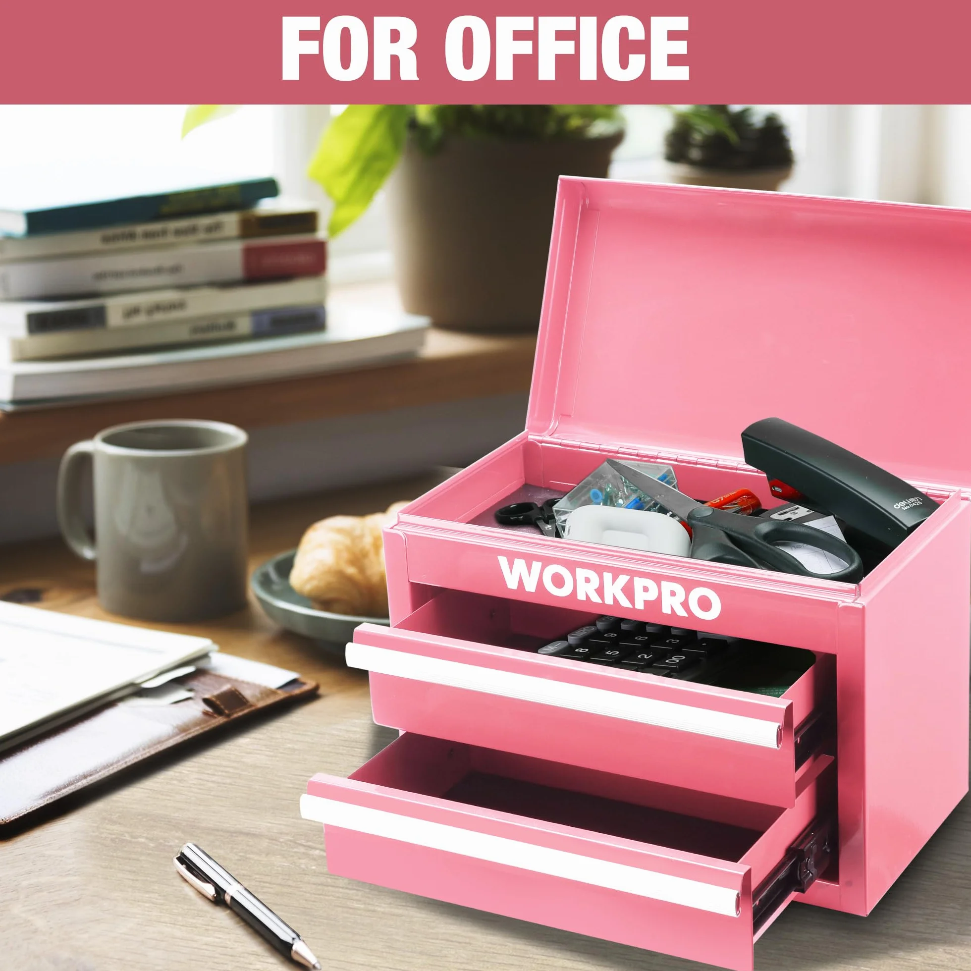 WORKPRO Metalowa skrzynka z szufladami z 2 szufladami i górną przestrzenią do przechowywania, różowa, 27,5 x 15 x 20,8 cm, organizer stołowy z szufladami, do biura, przebieralni i biurka