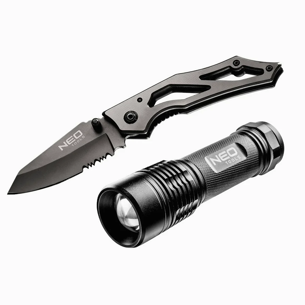 NEO TOOLS Zestaw prezentowy: narzędzie kieszonkowe, składany nóż na kemping, wędrówki, survival; łącznie z latarką 200 lumenów, wydanie specjalne, pomysł na JEDEN Ges