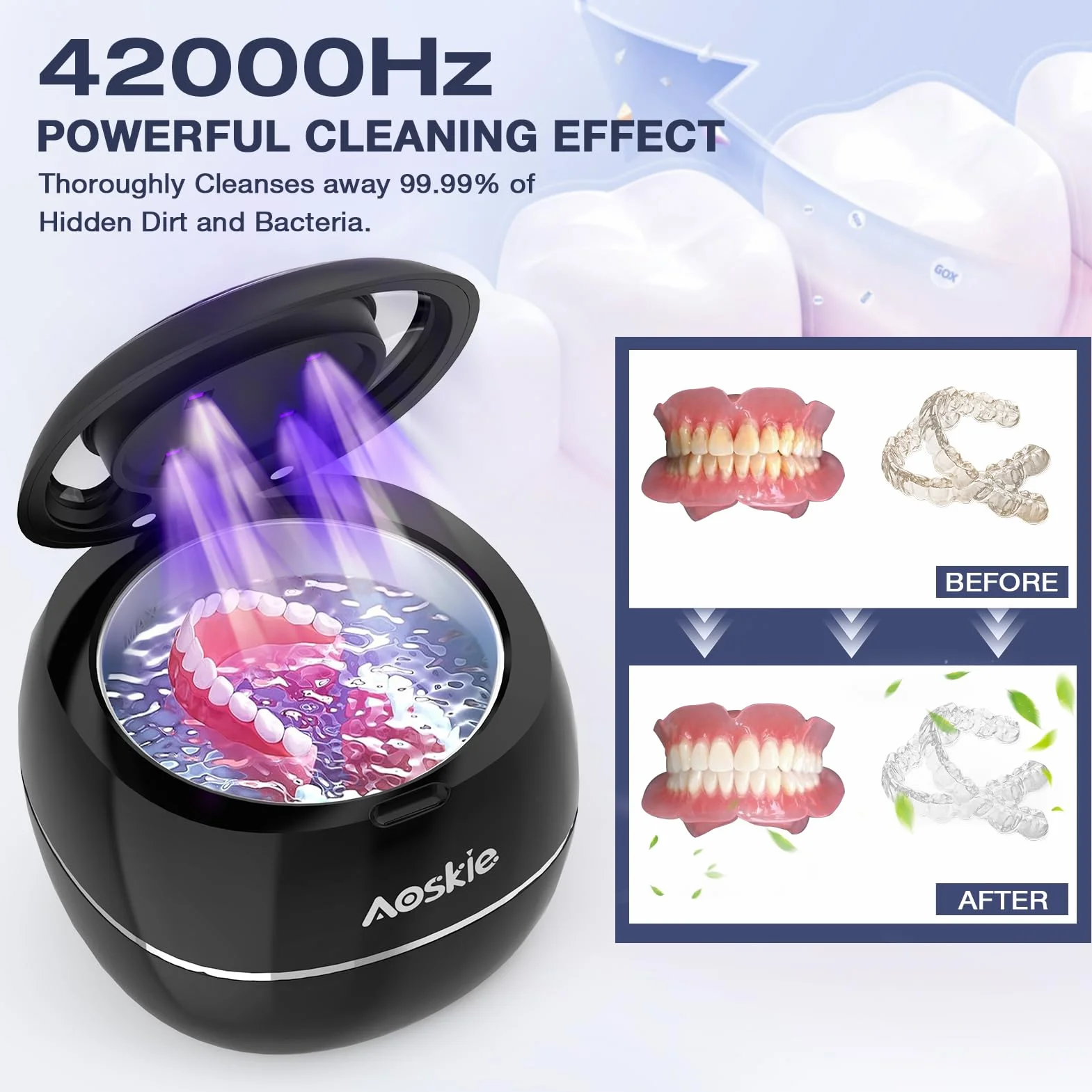 Aoskie 42kHz/30W Ultrasoniczny oczyszczacz do protez zębowych, alignerów, ochraniacz na usta, biżuteria, główka szczoteczki do zębów, ultradźwiękowe urządzenie czyszczące 180ML Przenośne urządzenie