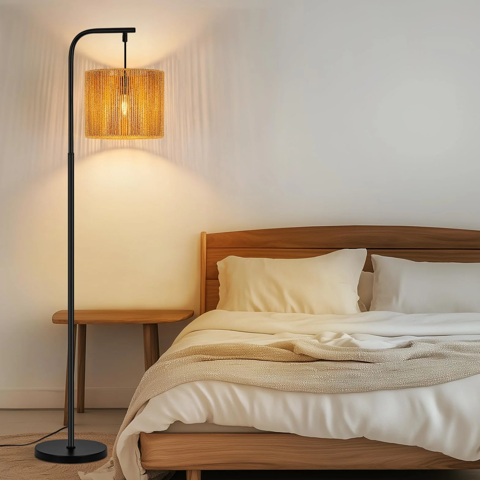 lampa podłogowa boho nowoczesna łukowa konstrukcja z czarnym | linowym abażurem włącznik nożny gniazdo E27 Idealna do salonu sypialni biura czy tarasu