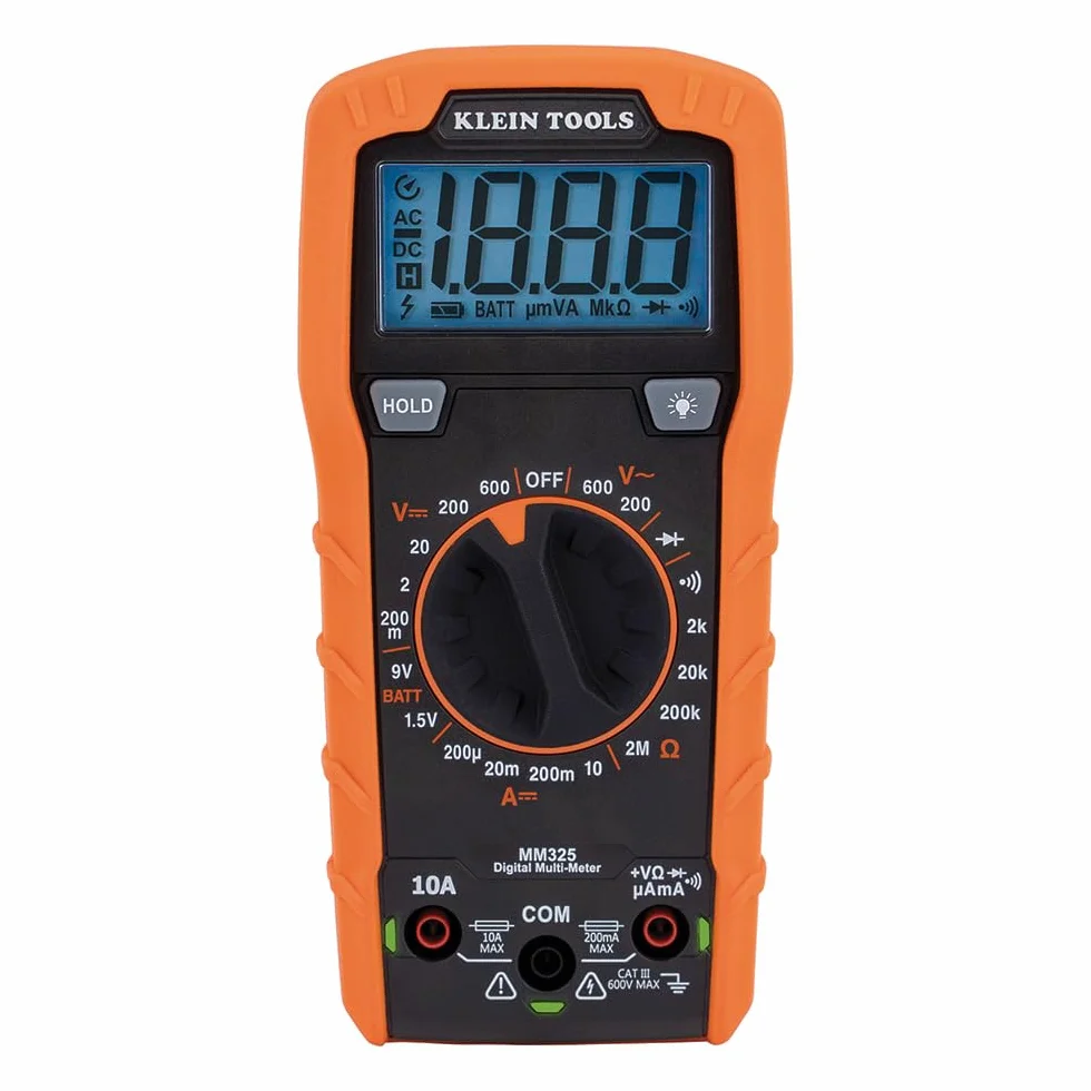 Klein Tools Multimetr MM325, cyfrowy ręczny tester napięcia 600 V AC/DC, testuje baterie, prąd, rezystancję, diody i ciągłość, czarny