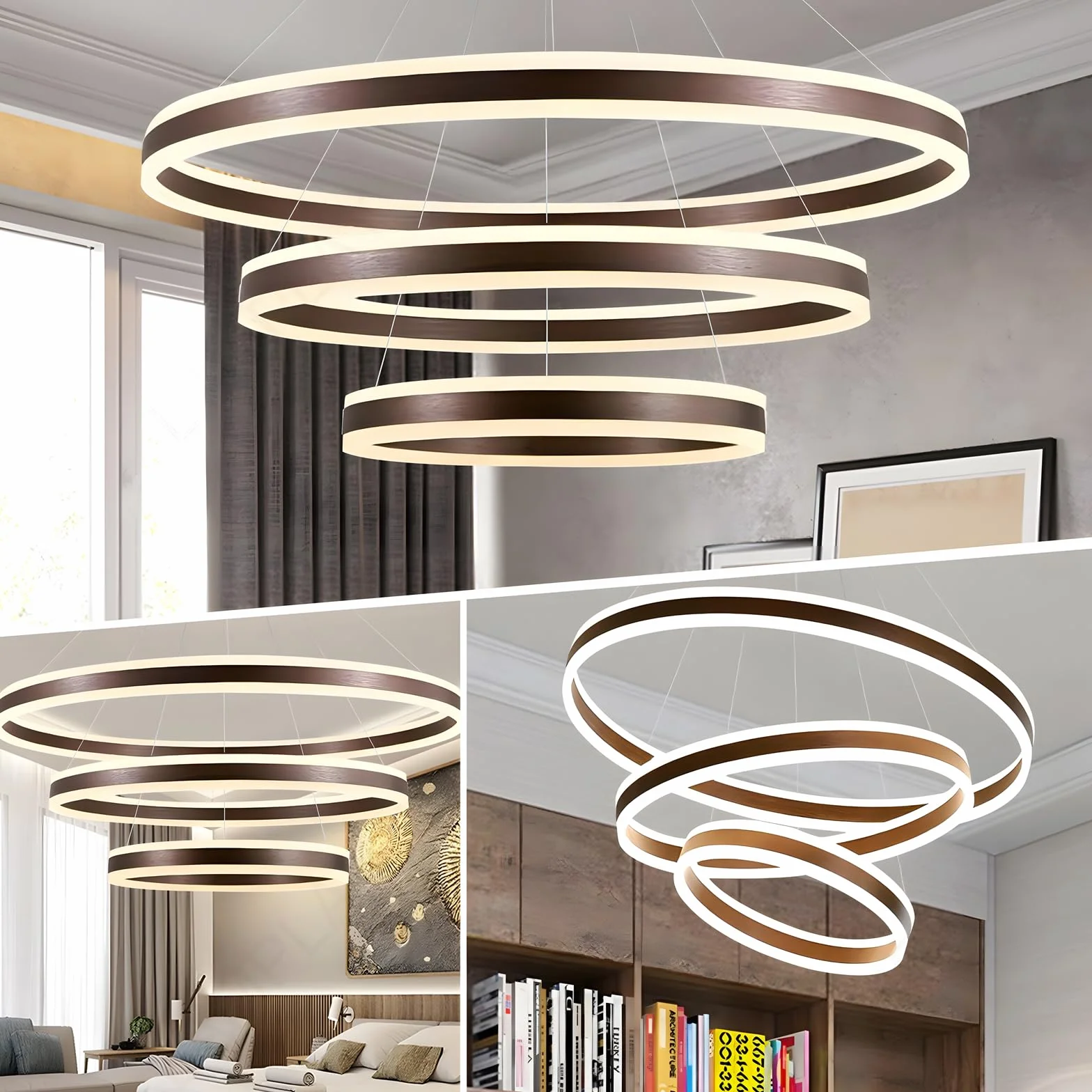 Okrągła Nowoczesna Lampa Wisząca LED, 3 Brązowy Żyrandol Pierścieniowy, Ściemniana Za Pomocą Pilota 3000K-6000K Lampa Sufitowa, Regulowana Wysokość, Salon Sypialnia Jadalnia (60+80+100cm)