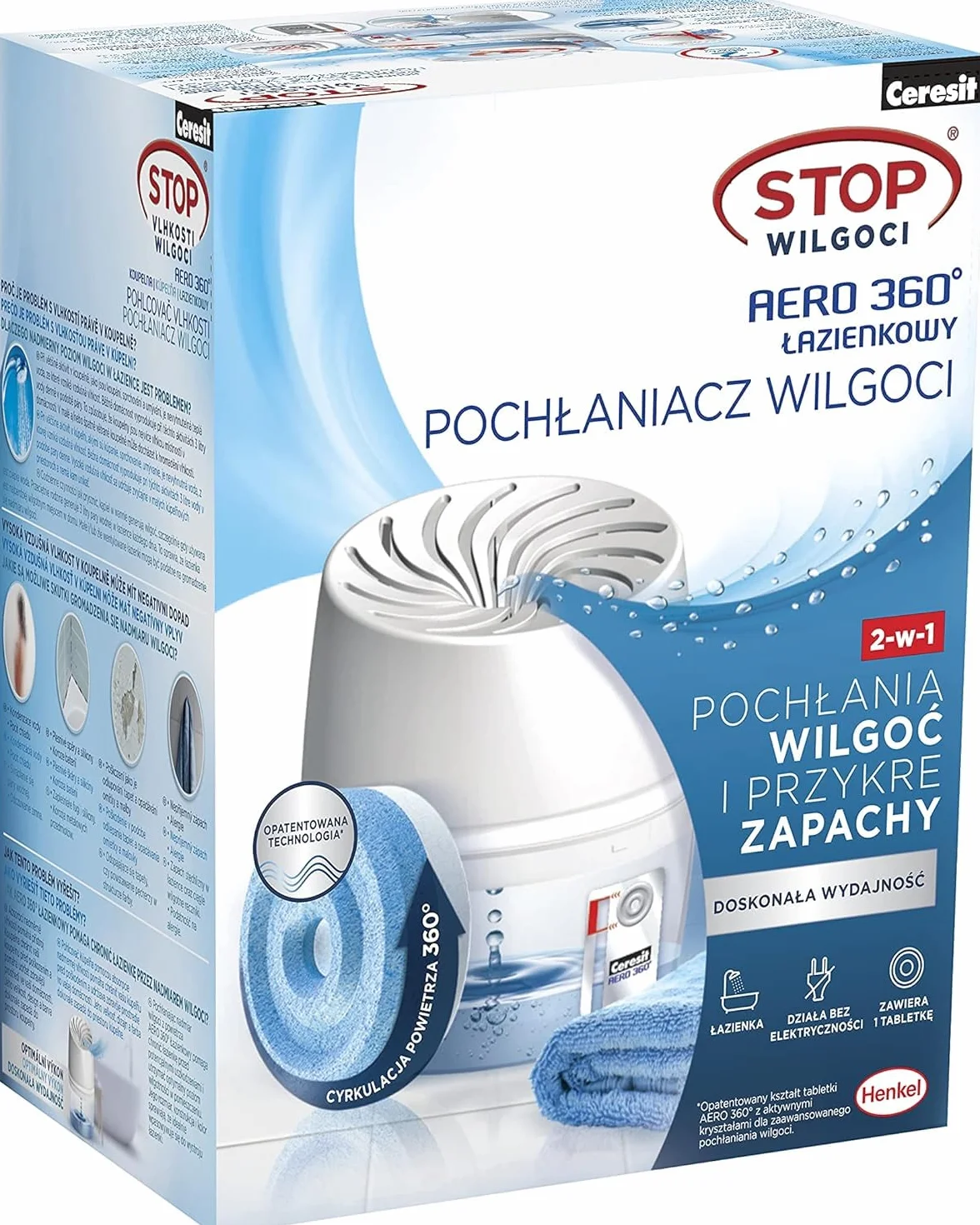 AERO 360°, kompaktowy pochłaniacz wilgoci do łazienki, stylowy absorber wilgoci, efektywny osuszacz powietrza do domu, 1 urządzenie
