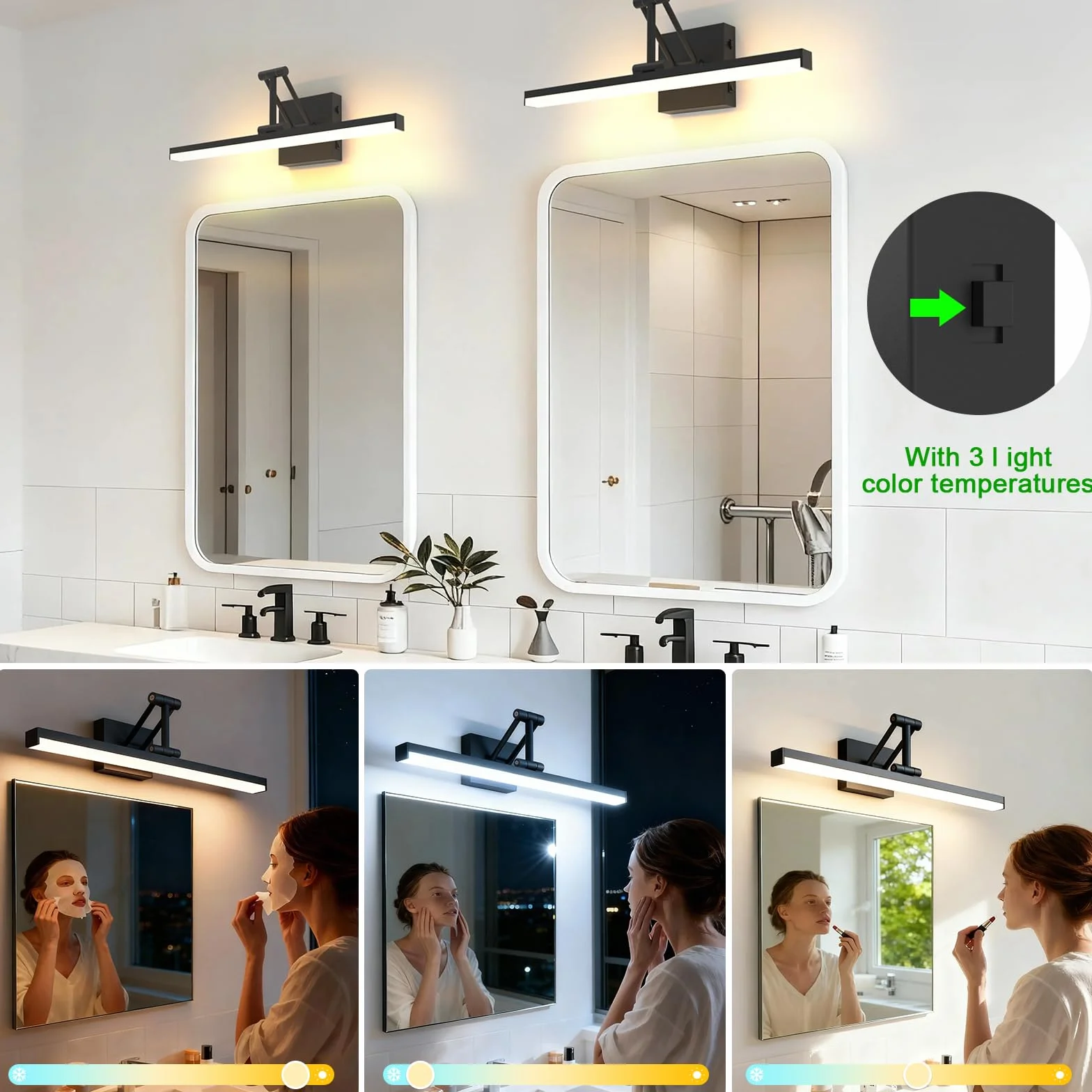 Sytmhoe Lampa Łazienkowa Nad Lustro 3000K 4000K 6000K Zmienny z Wspornik Teleskopowy,12W 960LM Ip44 Oświetlenie Obrazów z Wyłącznikiem, 48,5CM Kinkiet Do Łazienki Nad Lustro Czarny