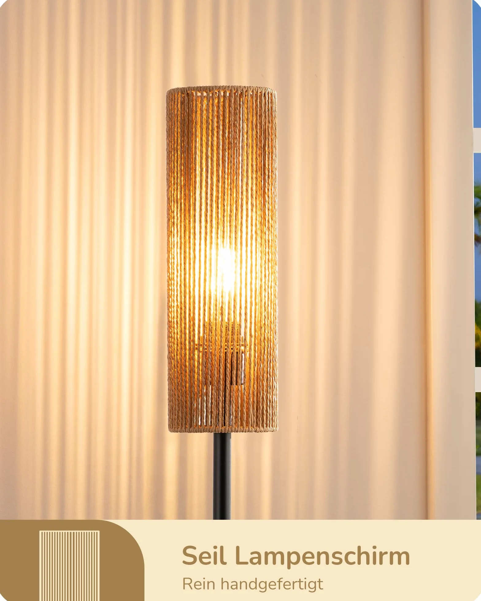 EDISHINE Lampa stojąca LED do salonu, lampa stojąca z abażurem z tkanej liny, lampa stojąca vintage 2700 K, styl boho, E27, do sypialni, pokoju dziecięcego lub sofy narożnej, wysokość 165 cm