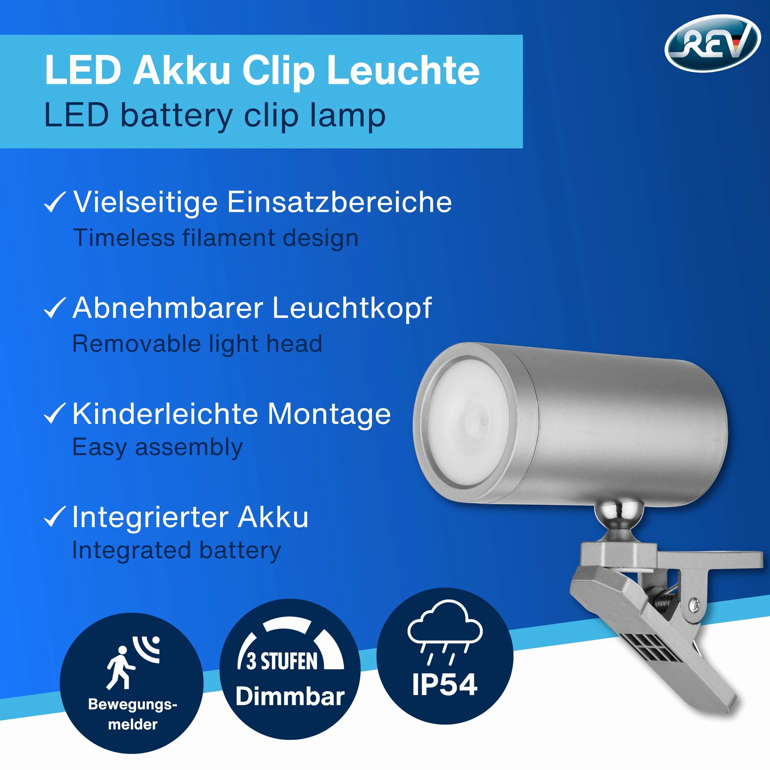 REV Lampa ścienna LED z akumulatorem i czujnikiem ruchu, 180 lm, bezprzewodowa, ściemniana, obracana o 360°, idealna na kemping, do garażu, piwnicy, IP54, srebrna