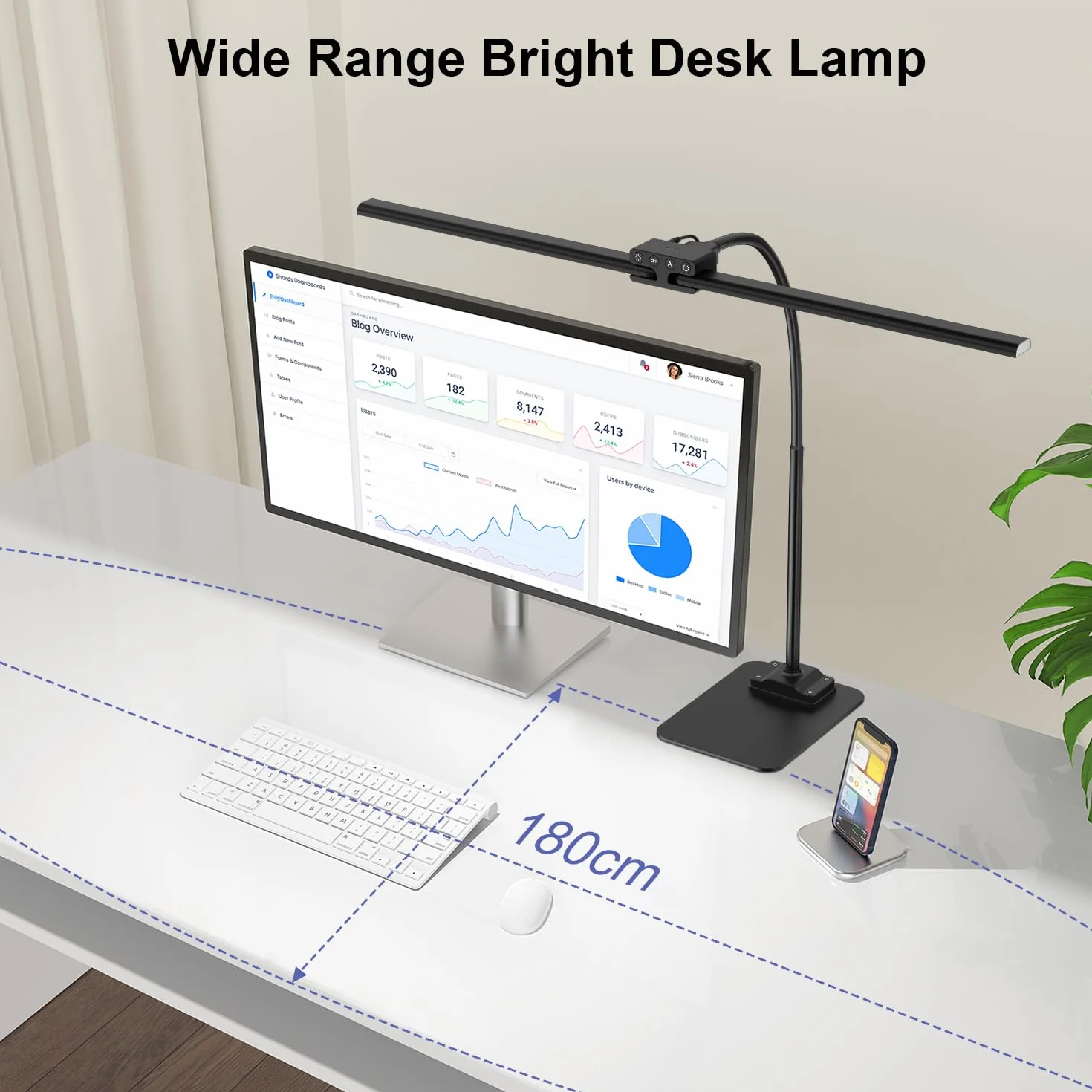 Lampka biurkowa LED 24 W, podwójna głowica, podstawa, 80 cm | Elastyczne ramię, Czułe sterowanie dotykowe, Wiele trybów oświetlenia, Ochrona wzroku bez migotania, Funkcja pamięci