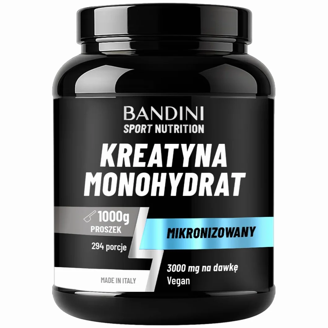 Bandini Kreatyna Monohydrate Micronised 1kg/1000g 100% czysty proszek - wegański - suplement diety na siłownię, dla sportowców, fitness, przedtreningowy - na bazie monohydratu kreatyny