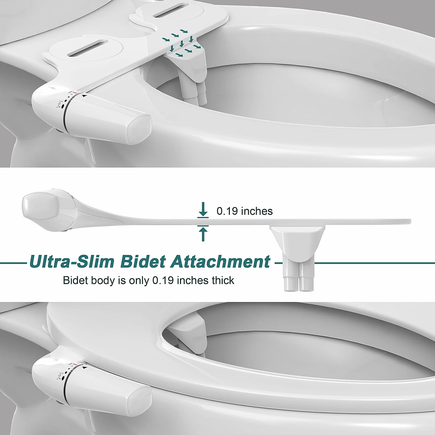 WITHLENT nakładka bidetowa na toaletę – minimalistyczny bidet na toaletę z nieelektryczną podwójną dyszą (mycie z przodu i z tyłu), mocowanie bidetu na deskę sedesową ze świeżą wodą