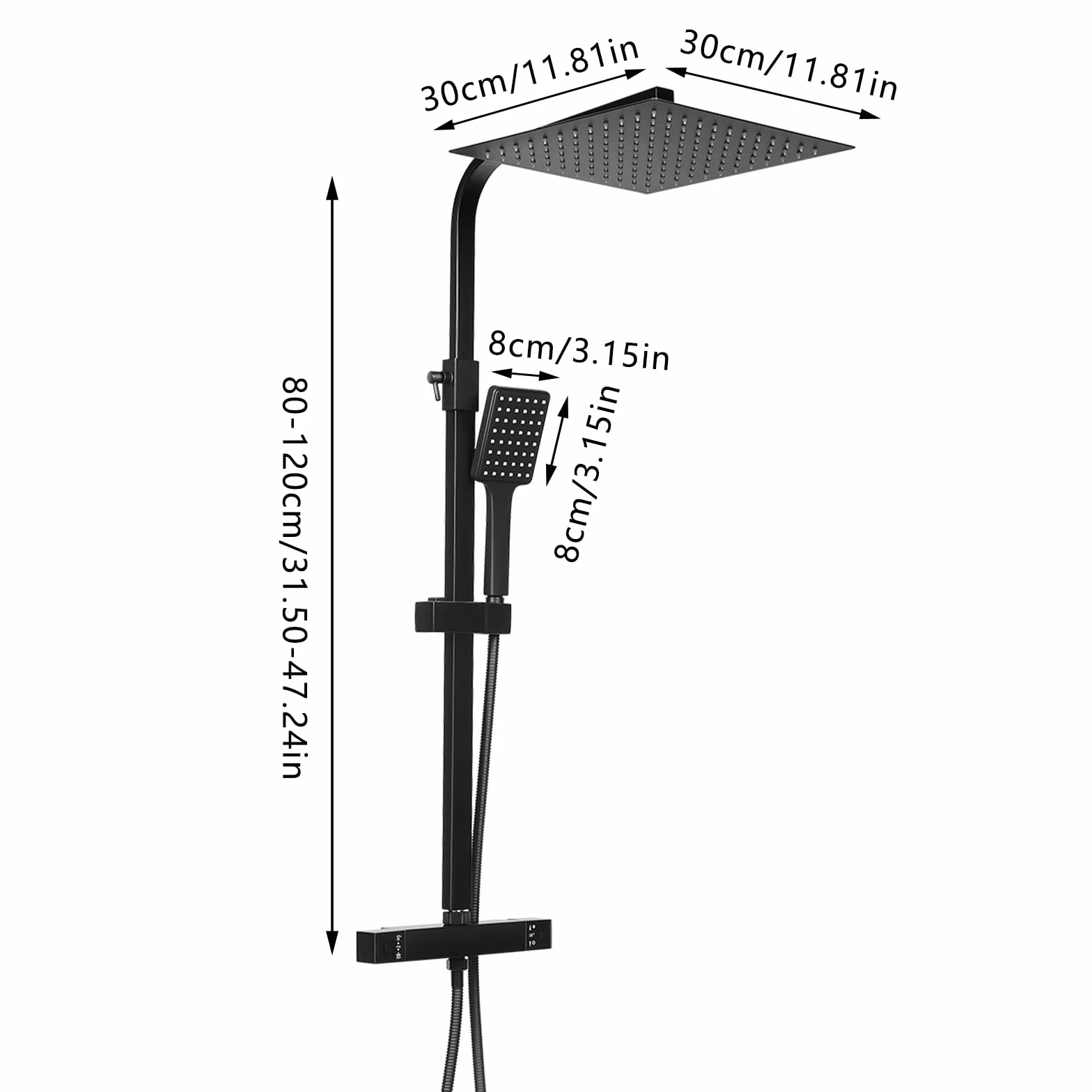 Zestaw prysznicowy, system prysznicowy bez armatury 2 w 1, czarny, deszczownica, bateria mieszakowa, stal nierdzewna, 30 x 30 cm, deszczownica i regulowana słuchawka prysznicowa do łazienki
