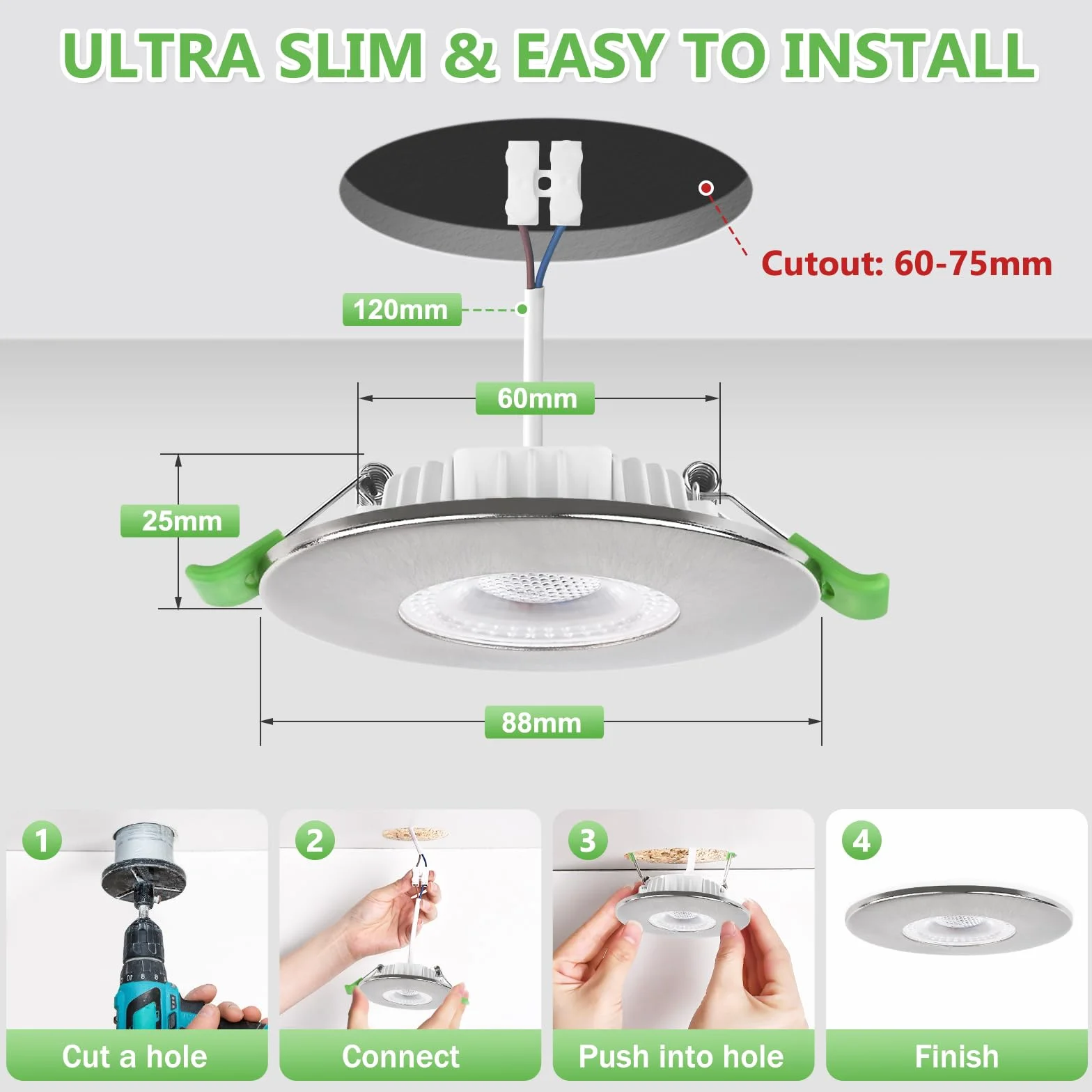 YindaLux Reflektor LED wpuszczany 7 W 700 lm IP65 reflektor łazienkowy, ciepła biel 2700K neutralna biel 4000 K zimna biel 6000 K regulowany, otwór Φ60-75 mm, AC220-240V, zestaw 10 sztuk, nikiel