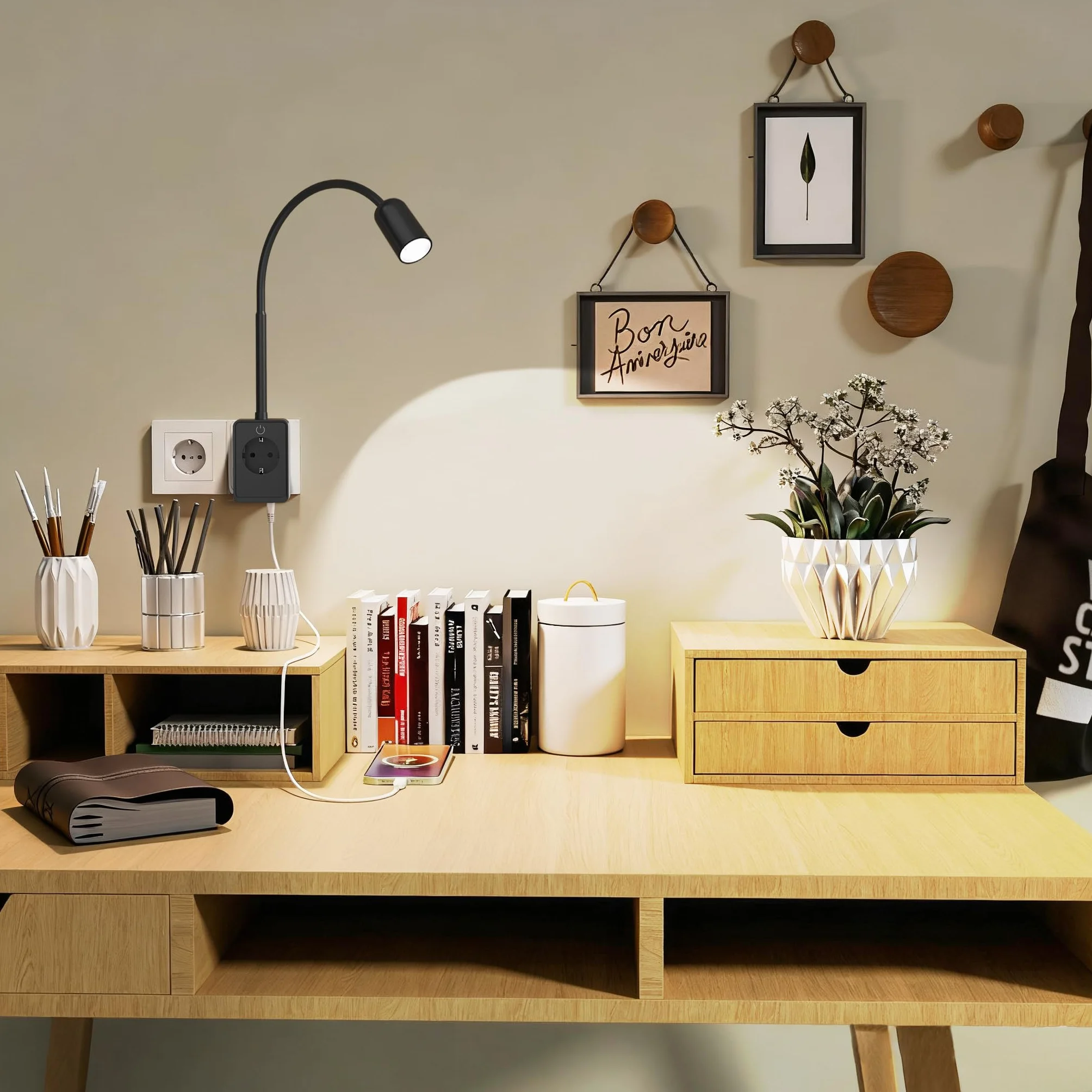 ENUOTEK Lampa do Czytania LED Czarnym z Gniazdem, Ściemniawalna Lampa Ścienna o Mocy 3W Przełącznikiem i Gniazdem, Wyposażona w Porty USB i Type-C, Regulowana Temperatura Barwowa 4000K-3000K-5000K