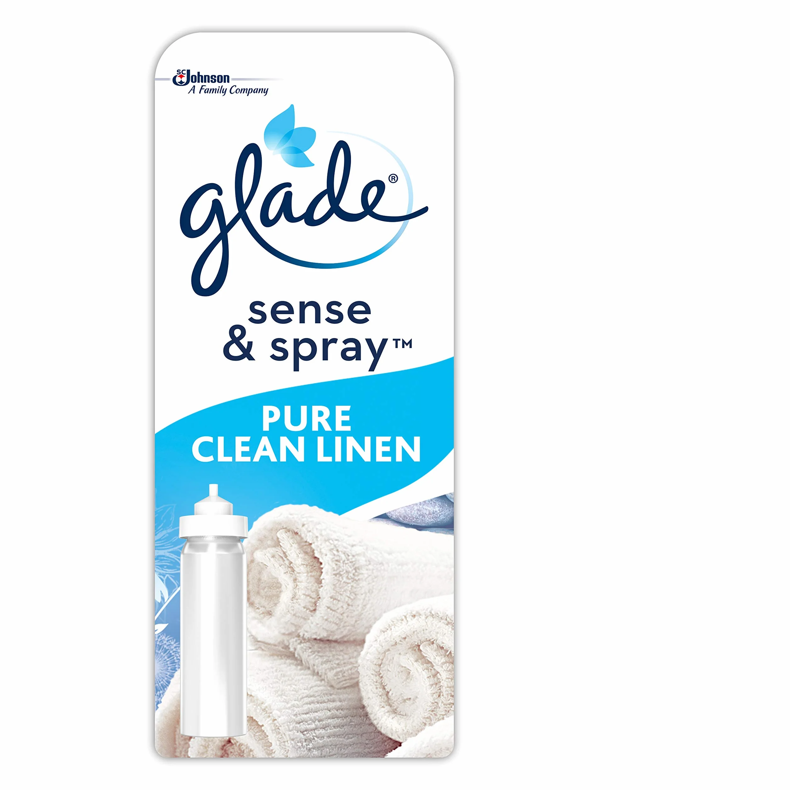 Glade Sense & Spray odświeżacz powietrza, aktywowany ruchem, automatyczny spray pokojowy i eliminator zapachów do domu, czysta pościel, 8 wkładów (8 x 18 ml)