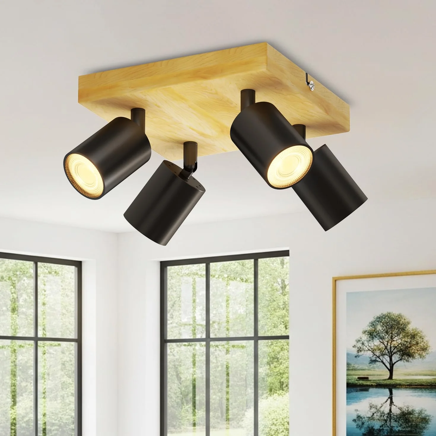 LVWIT Lampa sufitowa LED GU10 4 reflektory czarna drewniana kwadratowa