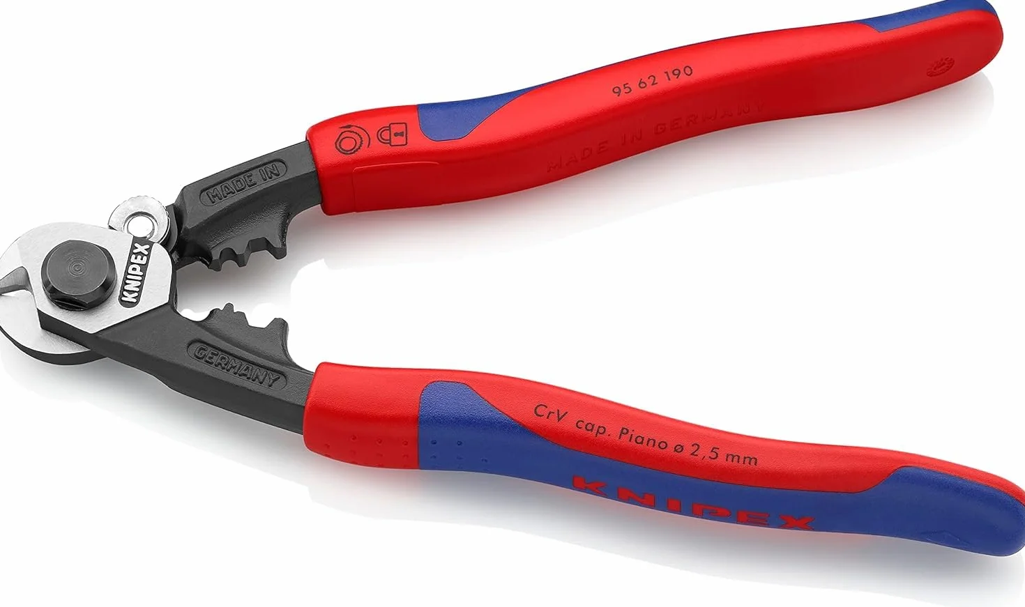 KNIPEX Nożyce do lin stalowych przeznaczone także do lin stalowych o dużej wytrzymałości w opakowaniu z zawieszką z osłonkami, 95 62 160 SB