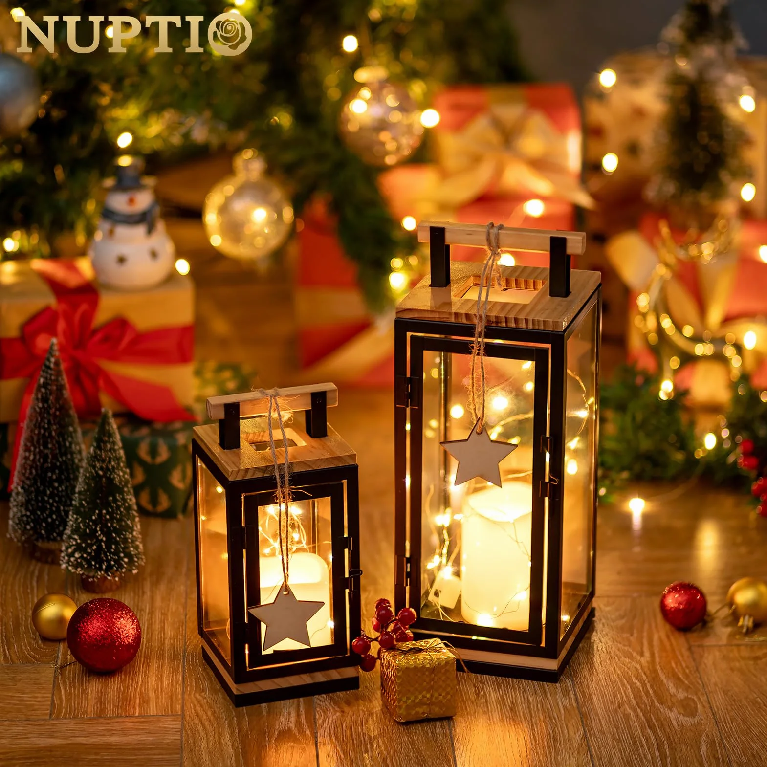 NUPTIO Latarnia zewnętrzna z timerem na świece: 23,5 cm, zestaw latarni LED, czarna, metalowa, drewniana, latarnia na świece, do użytku na zewnątrz, na Boże Narodzenie, cmentarz, odporna na warunki