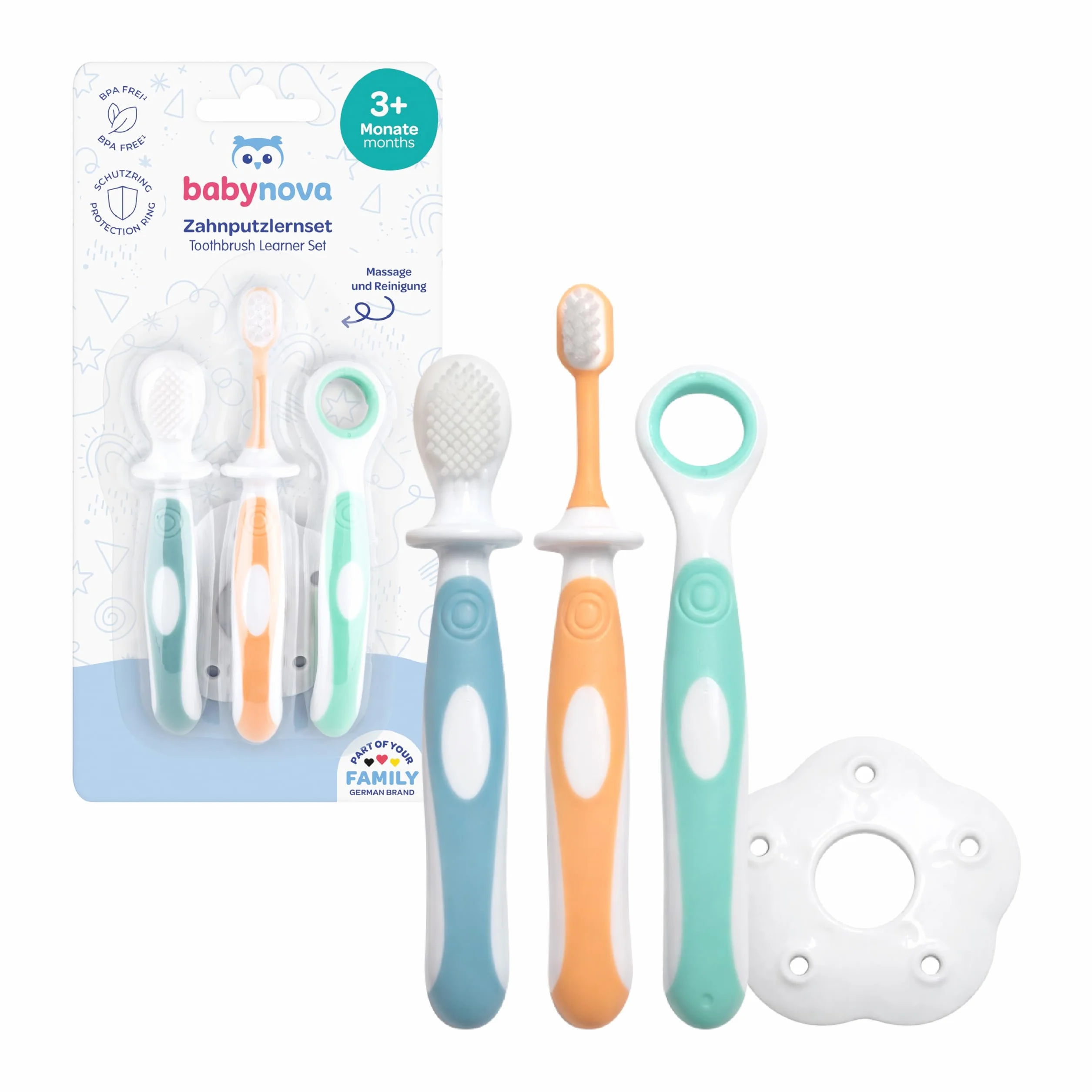 babynova Zestaw Startowy do Pielęgnacji Zębów – Szczoteczki do Zębów dla Niemowląt od 6 Miesiąca – Szczoteczka Treningowa, Pierścień Ochronny dla Większego Bezpieczeństwa, Szczoteczka i Czyścik