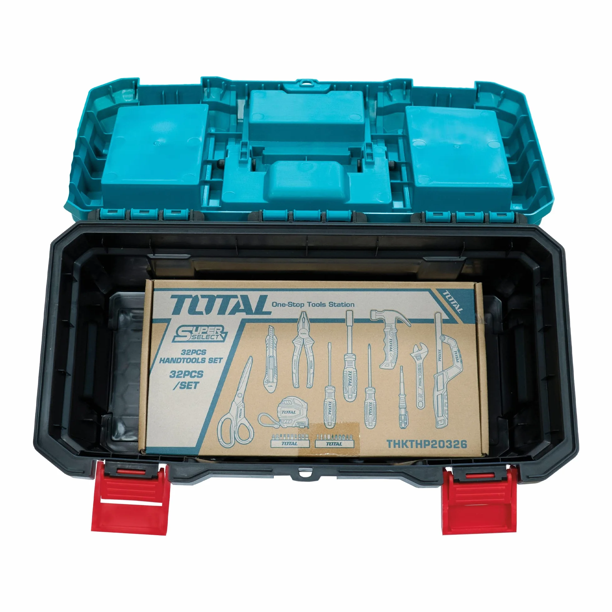 Total Tools - Pudełko z 32 narzędziami 17" (43 cm) | Szczypc, Klucz, Śrubokręt i młotek z grzechotką | Flexometr, końcówki i łuk piły | Tester napięcia
