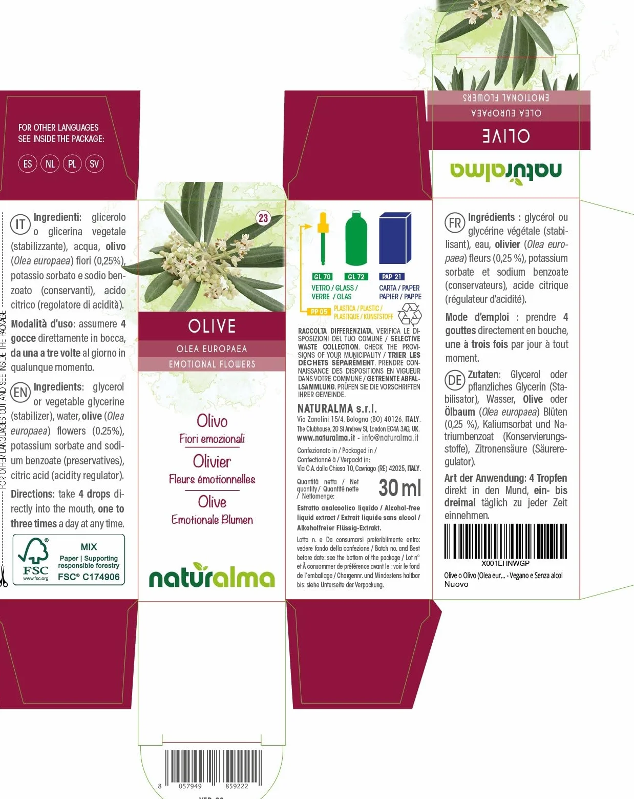 Naturalma Olea Europaea Olive Kwiaty Bacha Krople 30 ml Płynny Ekstrakt Bezalkoholowy Esencje Kwiatowe Wegański