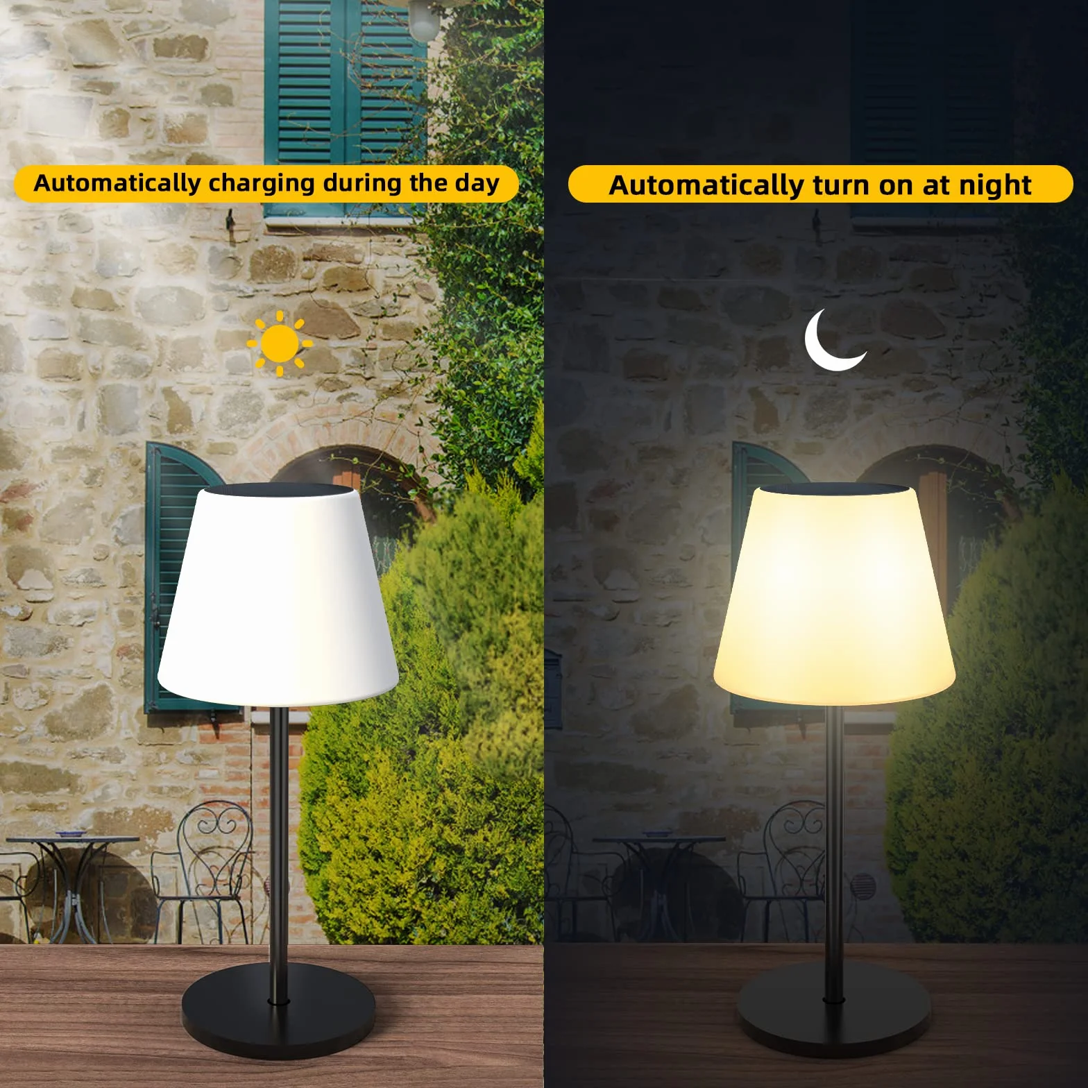 Solarna lampa stołowa zewnętrzna z czujnikiem światła, ściemniana ciepła biel i RGB LED, bezprzewodowa, przenośna, ładowalna, wodoodporna lampa zewnętrzna na taras, do ogrodu, na kemping