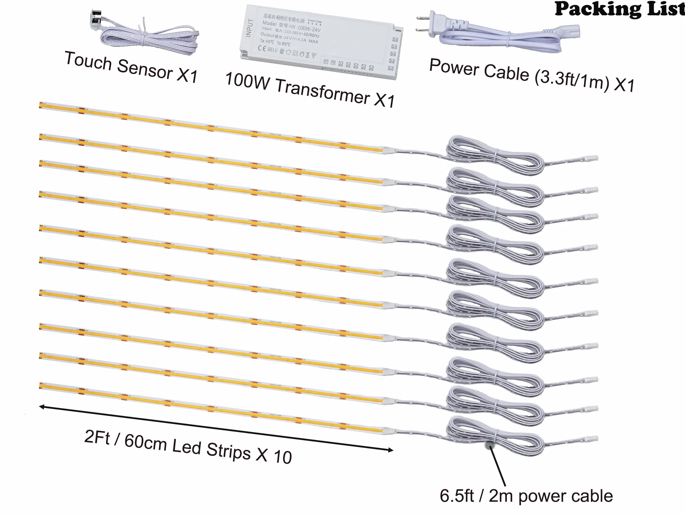 10 pasków LED COB - Błyszcząca obudowa pod światło szafki, czujnik dotykowy, półka do sypialni, szafa, szafa, wydajne oświetlenie (ciepła biel, 10 x 2 taśm LED