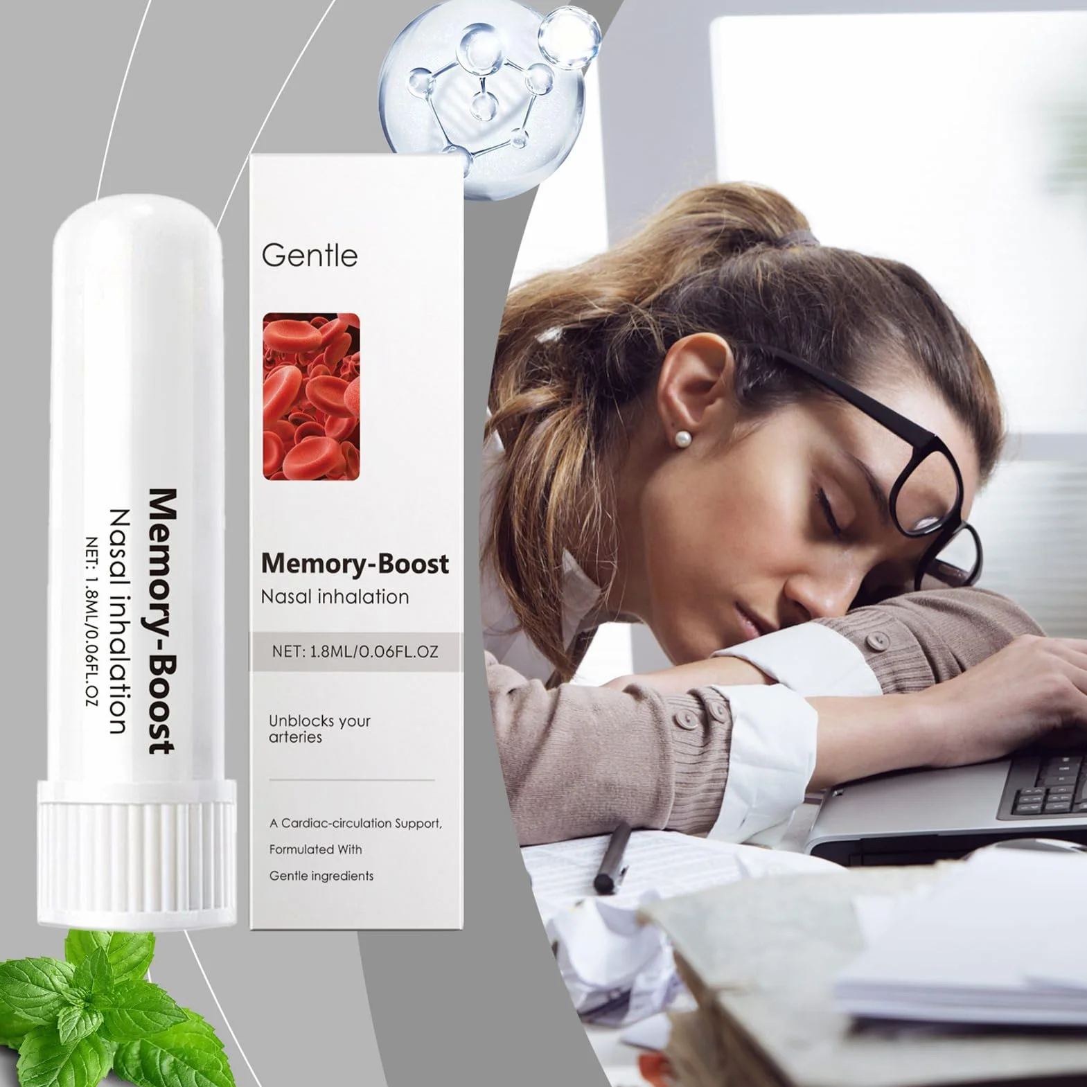 Memory Boost przenośny inhalator z przyssawką do nosa, dyfuzor do aromaterapii, świeże powietrze, miękkie składniki, kojący, 1,8 ml, do oddychania