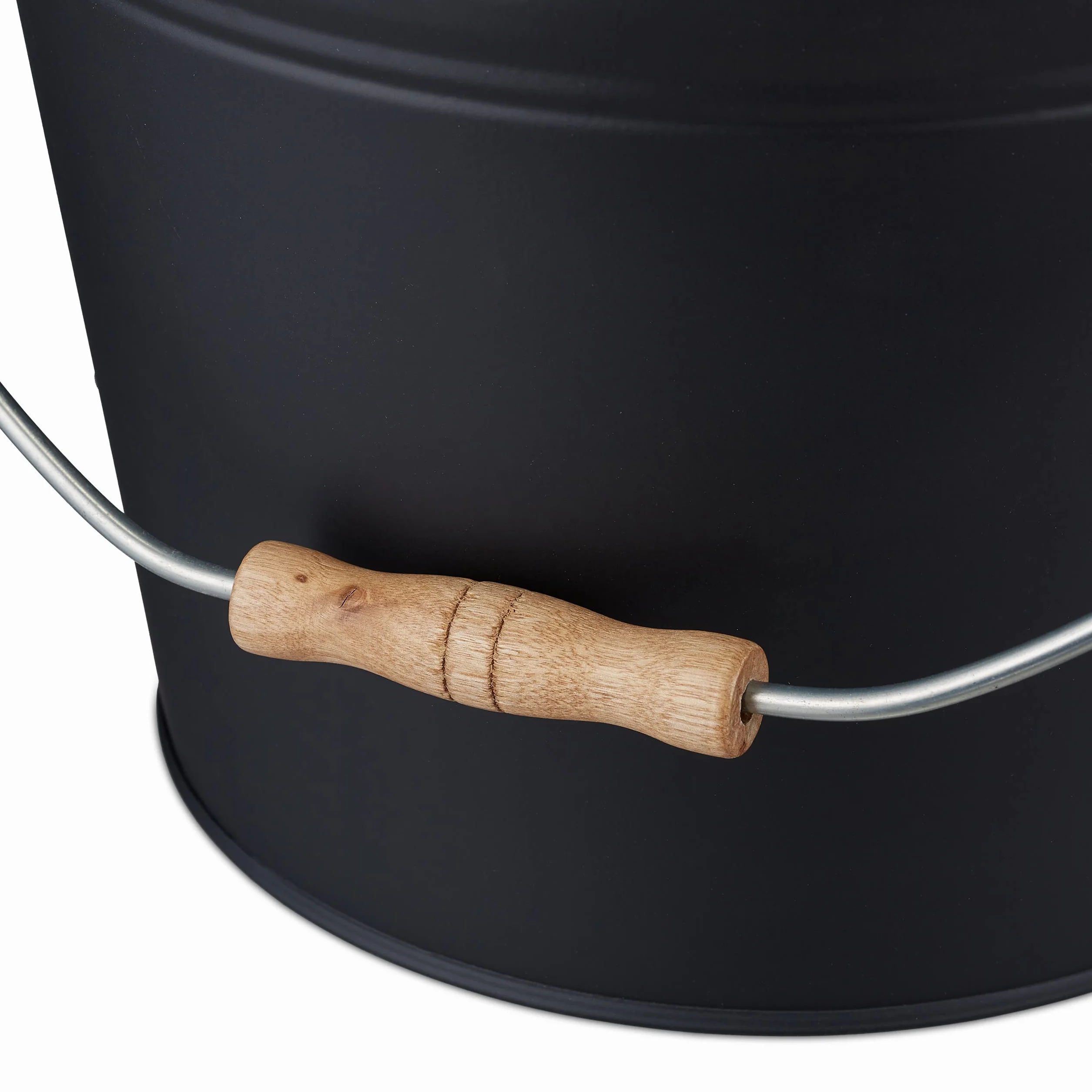 Relaxdays Kosz na popiół z pokrywką, 12 l, wiadro kominkowe, stal i drewno, pojemnik na popiół z uchwytem, kominek, piec i grill, czarny