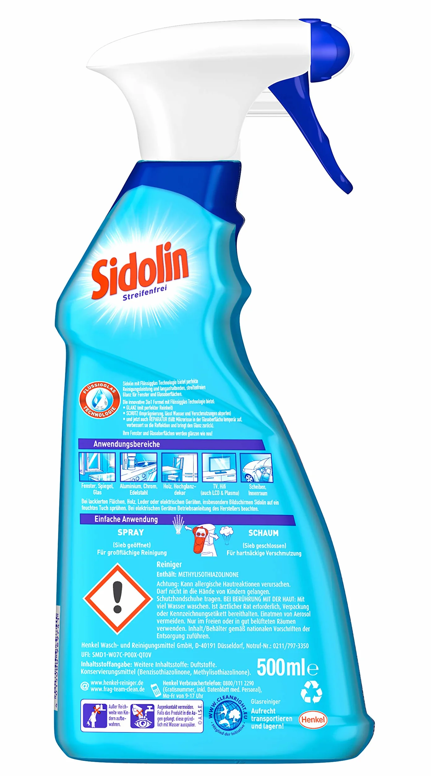 Sidolin Środek do czyszczenia powierzchni, butelka z rozpylaczem, zapewnia połysk na ponad 25 powierzchniach z technologią płynnego szkła, 500 ml (1 opakowanie)