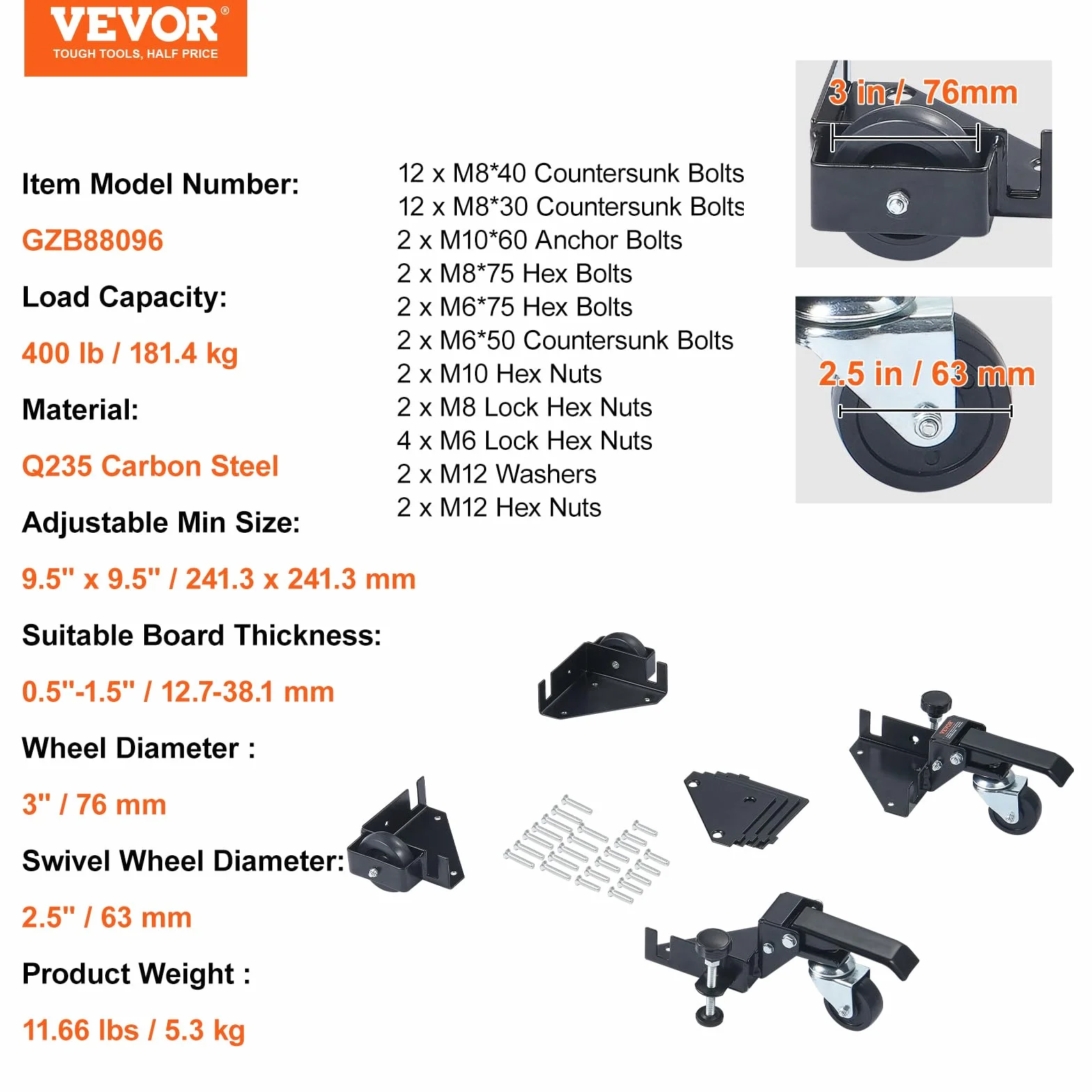 VEVOR Zestaw mobilny do dużych obciążeń 181,4 kg, stojak z kółkami 241,3 x 241,3 mm, kółka obrotowe