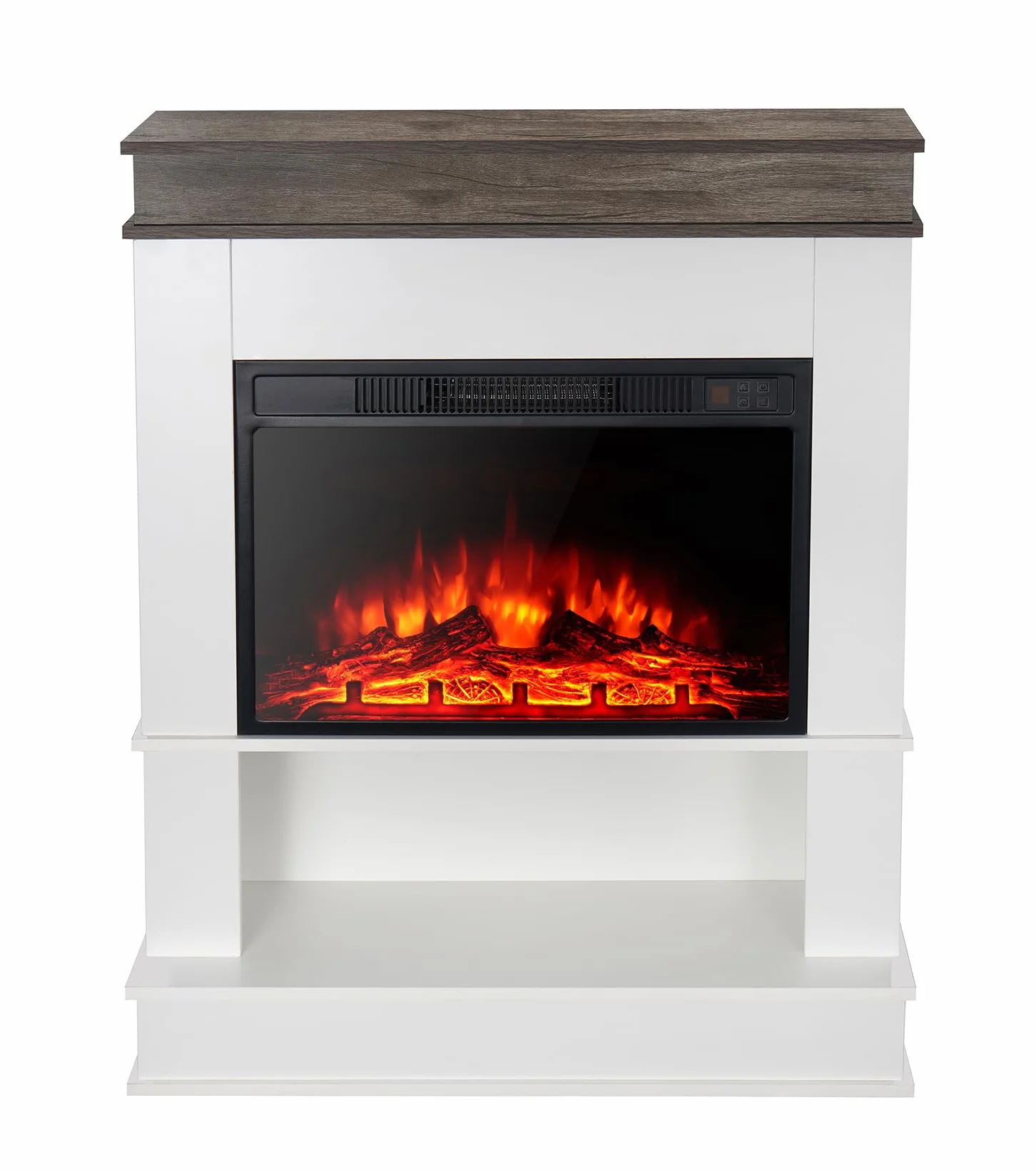 M.C.Haus kominek elektryczny z półką kominkową, 23”/58cm kominek wbudowany, regulowana temperatura i efekt płomienia, otwarta półka i blat, kominek w drewnie inżynieryjnym, rustykalny dąb i biały…