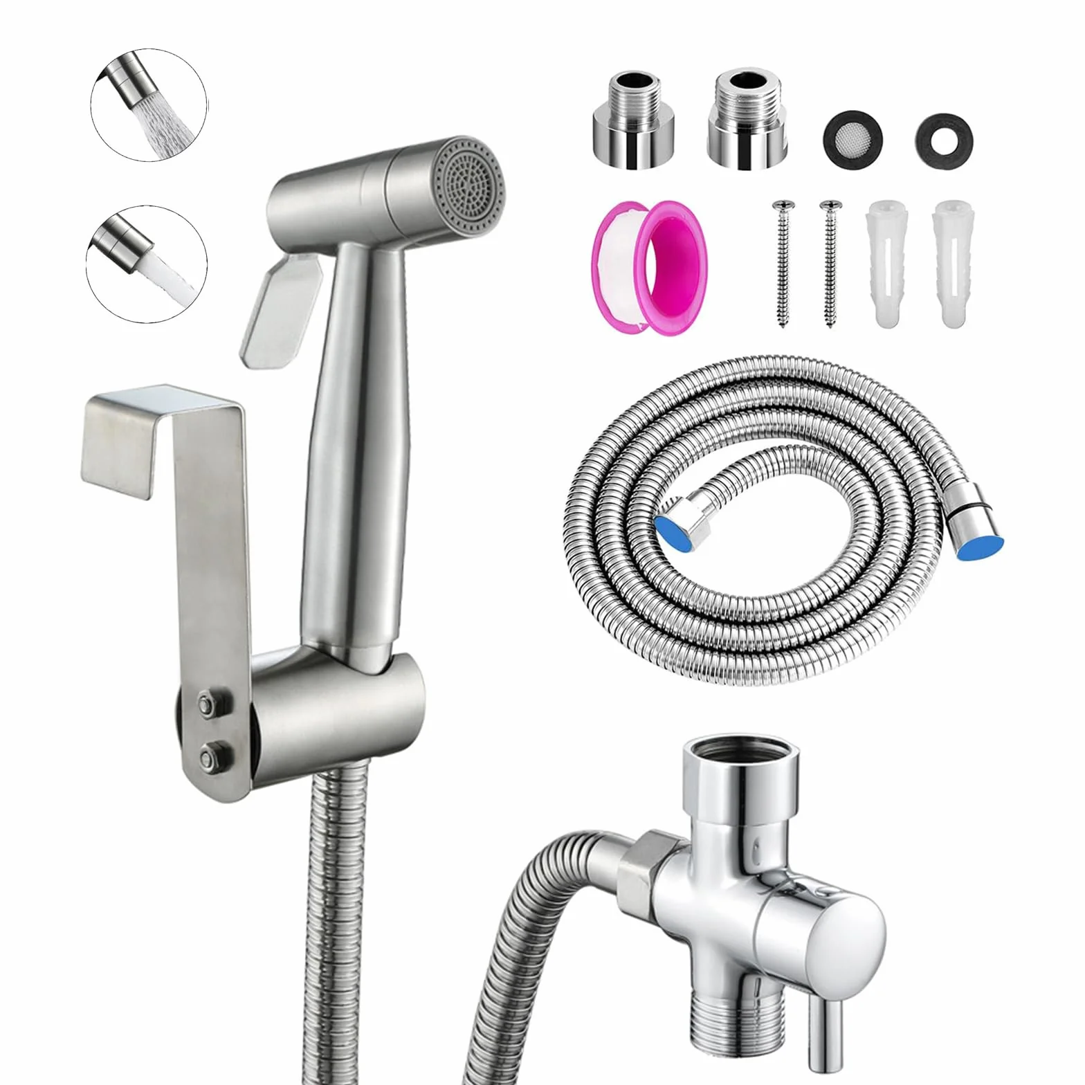 Bidet, ręczny spryskiwacz do toalety, podwójny tryb (Jet/Stream), do prysznica, łazienki, higieniczny papier toaletowy, czyszczenie pieluch, z zaworem G1/2" i G3/8" srebrny