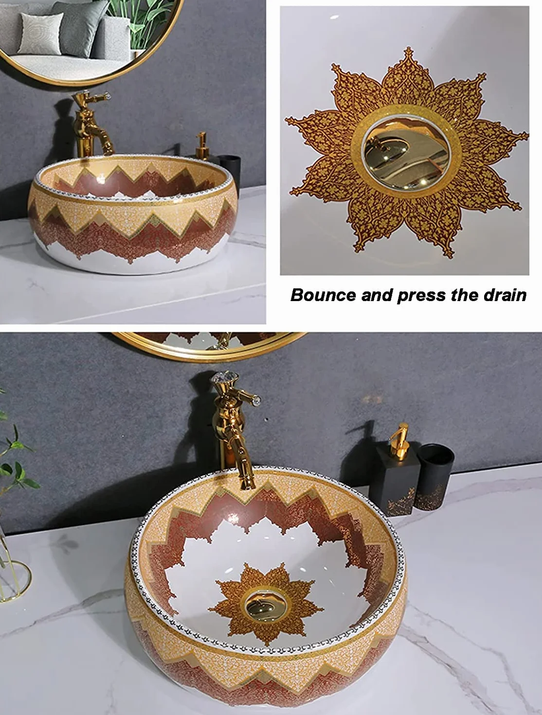Ceramiczna Umywalka Łazienkowa Okrągła, Umywalka Nablatowa Ceramiczna, Umywalka Biała Z Kranem Pasującym Do Zestawu Odpływowego Do Garderoby, Biało-Brązowa