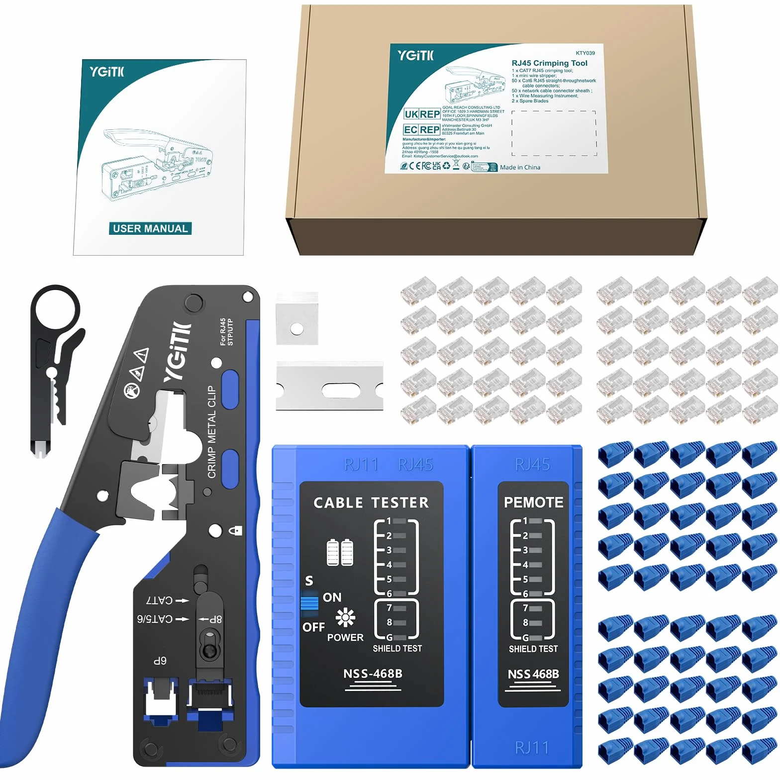 Zestaw narzędzi do zaciskania RJ45, zaciskarka 3 w 1, striptizerka, tester kabli do CAT5, Cat5e, CAT6, Cat6A 8P+6P, narzędzie do zaciskania przelotowego Ethernet z 50 szt. złączami RJ45 Cat6 i