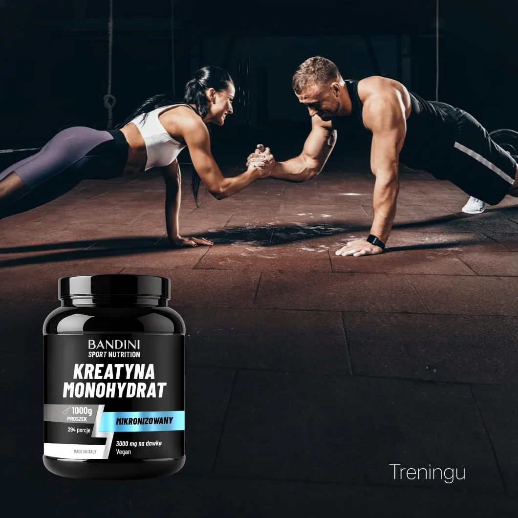 Bandini Kreatyna Monohydrate Micronised 1kg/1000g 100% czysty proszek - wegański - suplement diety na siłownię, dla sportowców, fitness, przedtreningowy - na bazie monohydratu kreatyny