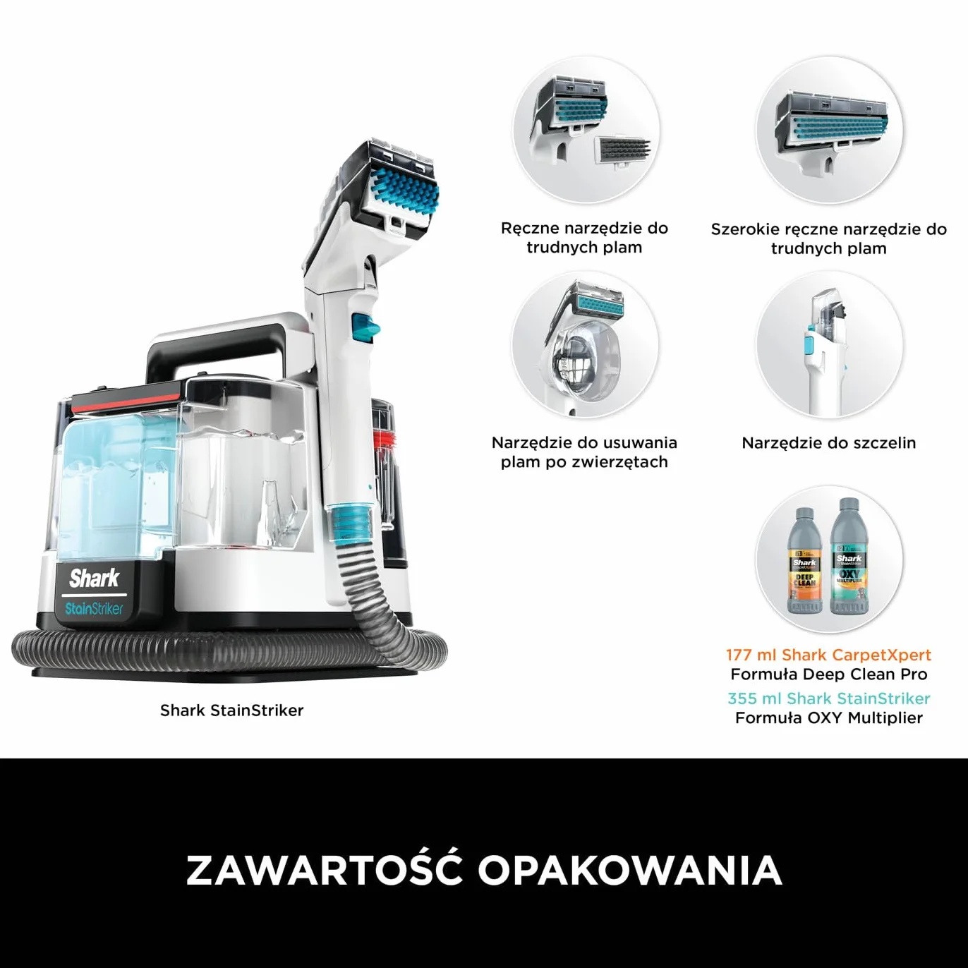 Shark StainStriker odkurzacz do usuwania plam z 5 końcówkami, w tym do sierści, fug i węży, 2 specjalne formuły do plam, zapachów i zabrudzeń, lekki i przenośny, 450W PX200EUT