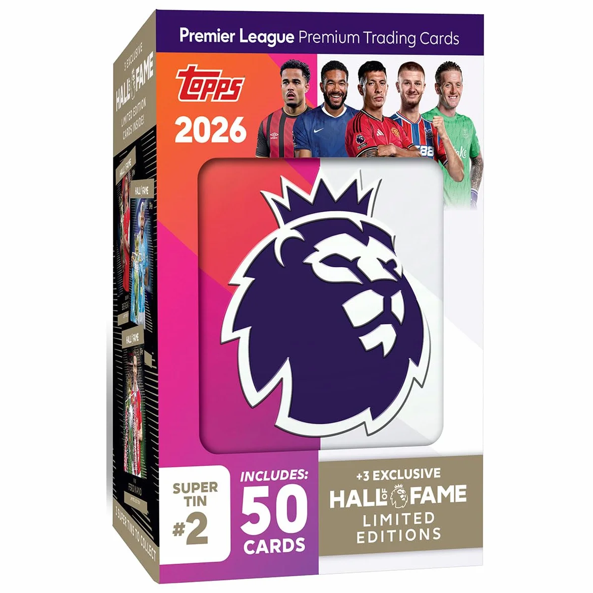 Topps Premier League 2025/26 Super Tin #2 (seria Hall of Fame) | zawiera 50 kart plus 3 ikony Hall of Fame, karty kolekcjonerskie + 250 rękawów na karty Protectodon