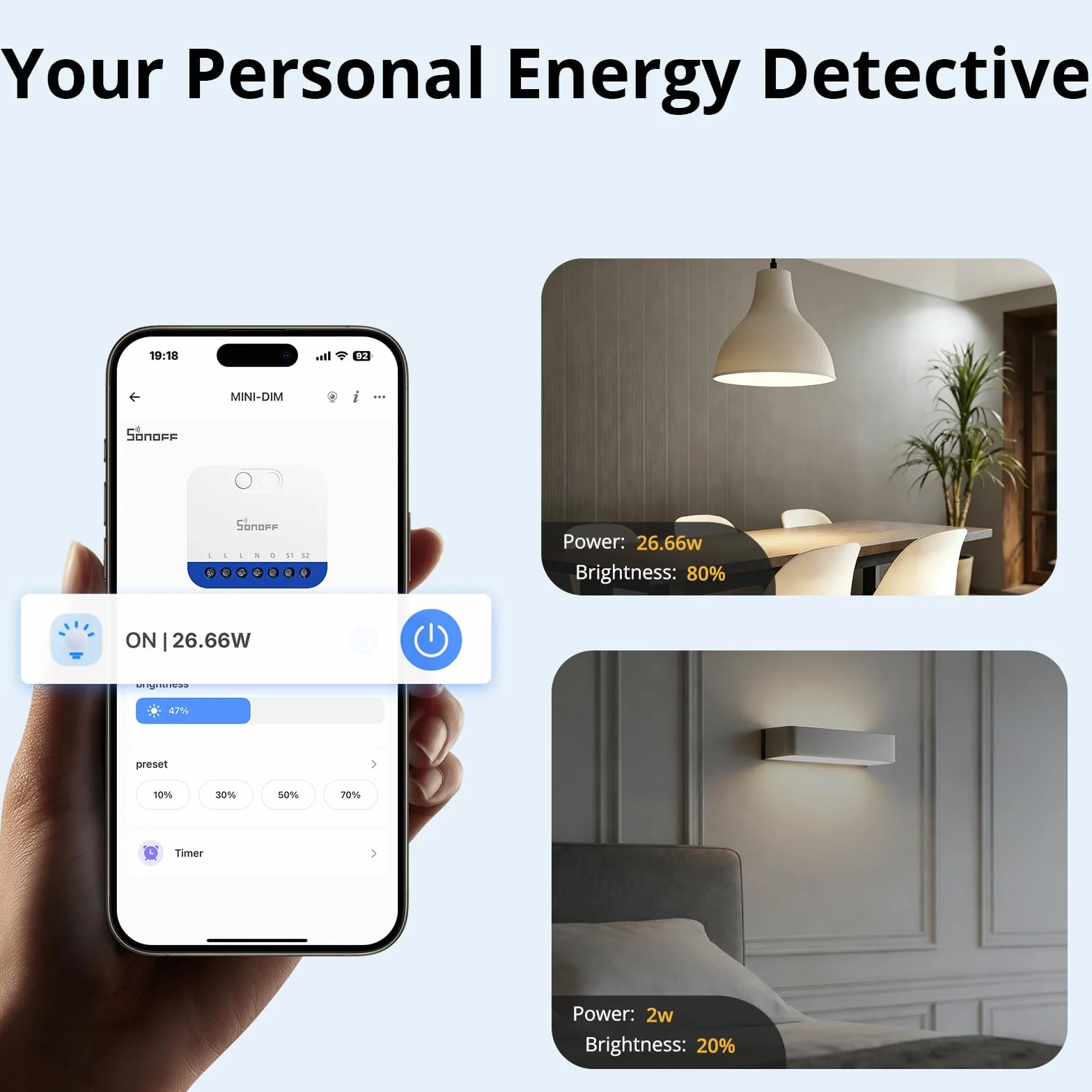 SONOFF MINI DIM Ściemniacz Zigbee 3.0 do LED ściemnialnych, transformatorów, żarówek i halogenowych. Przewód neutralny wymagany, monitorowanie energii. Działa z Alexa, Google Home, IFTTT