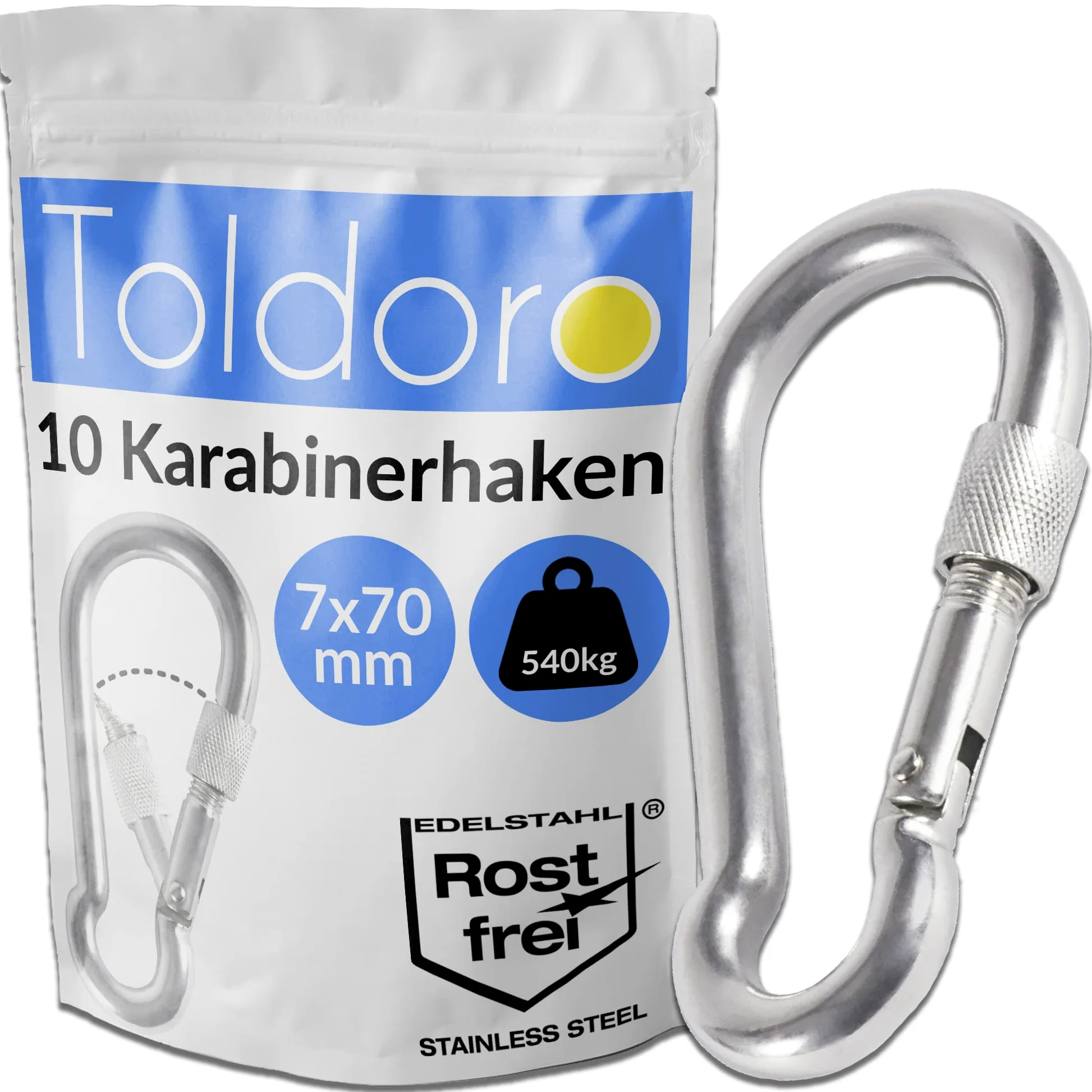 Toldoro 10 x karabińczyk ze stali nierdzewnej z zamknięciem zabezpieczającym, karabińczyk 70 mm, karabińczyk do zamocowania, karabińczyk ze stali nierdzewnej z zamknięciem
