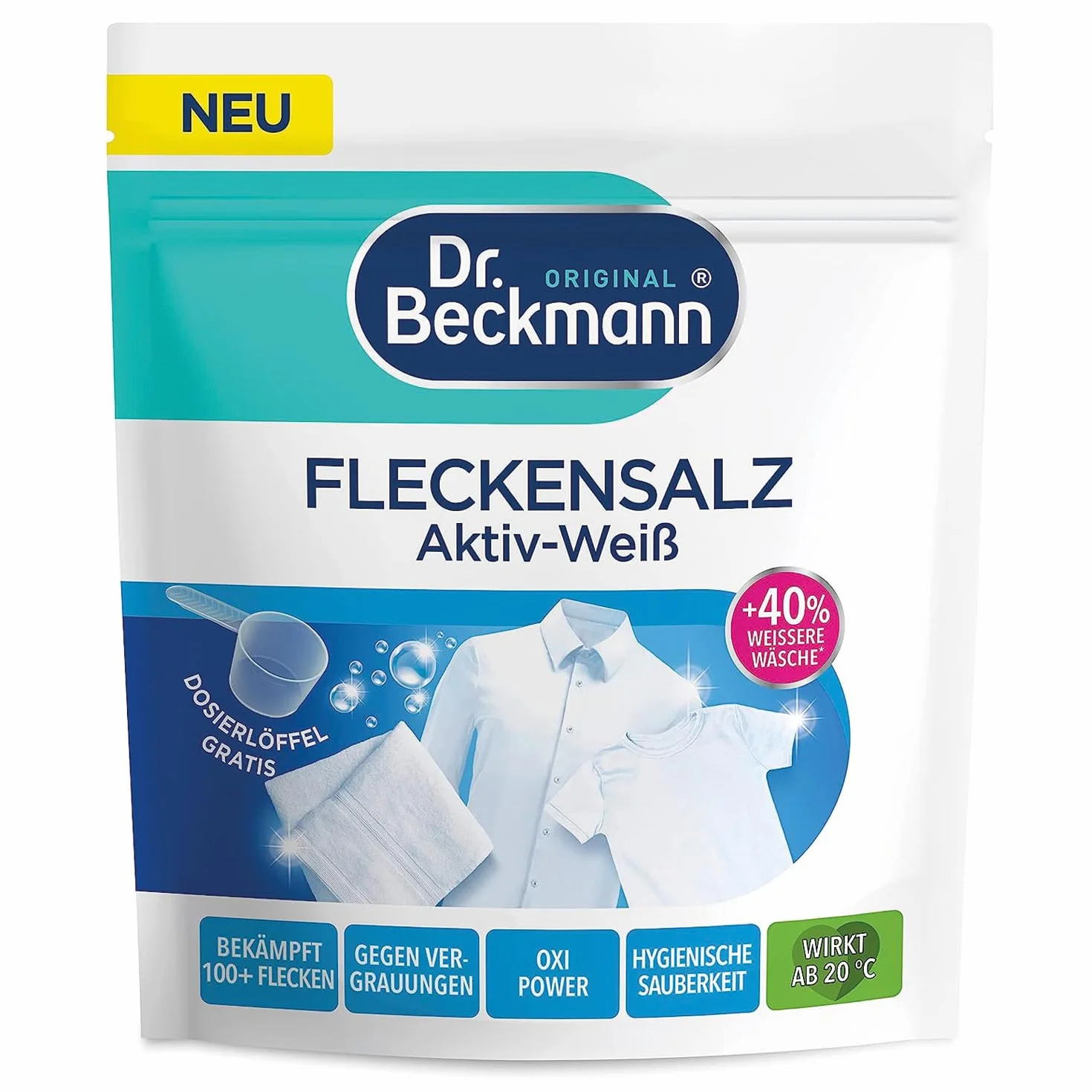 Dr. Beckmann Proszek, sól plamowa aktywna biel | do bielszego prania | działa przeciwko ponad 100 plamom | w zestawie łyżeczka dozująca | 400 g