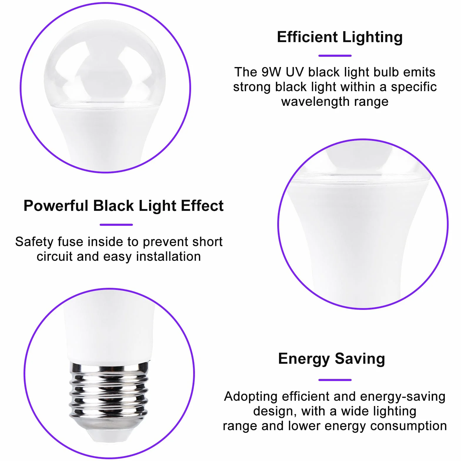 BORDEAG Żarówka UV LED, zestaw 4 żarówek E27 o mocy 9 W, lampa ultrafioletowa LED, fioletowa lampa ultrafioletowa UV-A, czarna żarówka UV, na festiwale, imprezy, bary