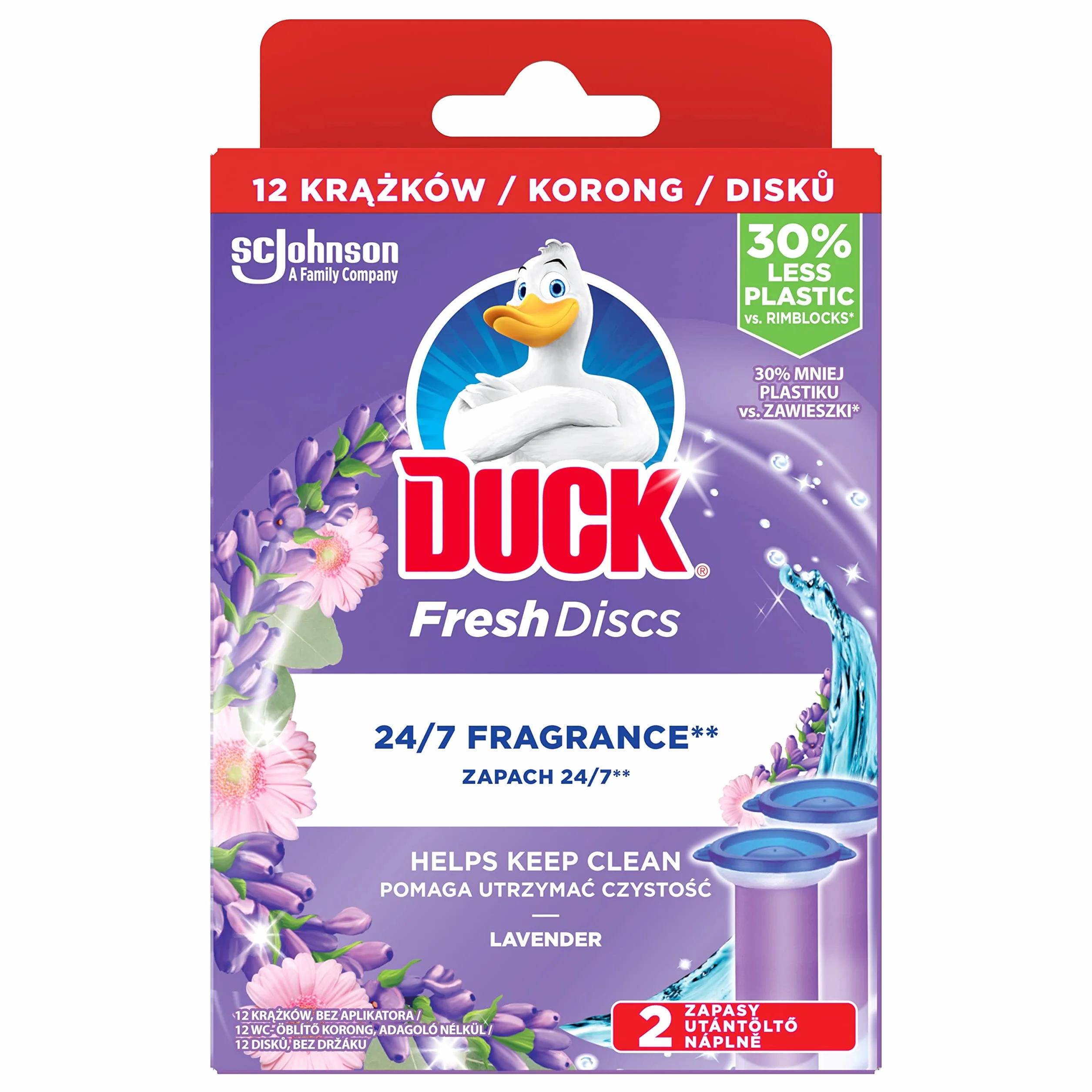 Duck Krążki do Toalety o Zapachu Lawendowym, Odświeżają i Usuwają Kamień, 12 Krążków