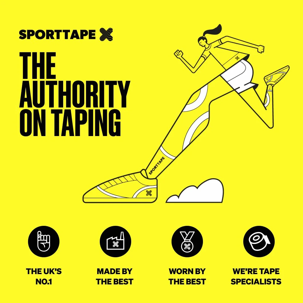 SPORTTAPE Bardzo klejąca taśma kinezjologiczna, 5 cm x 5 m – niebieska, hipoalergiczna, wodoodporna taśma sportowa, fizjoterapeutyczna taśma sportowa w przypadku urazów mięśni, wsparcie | niecięta