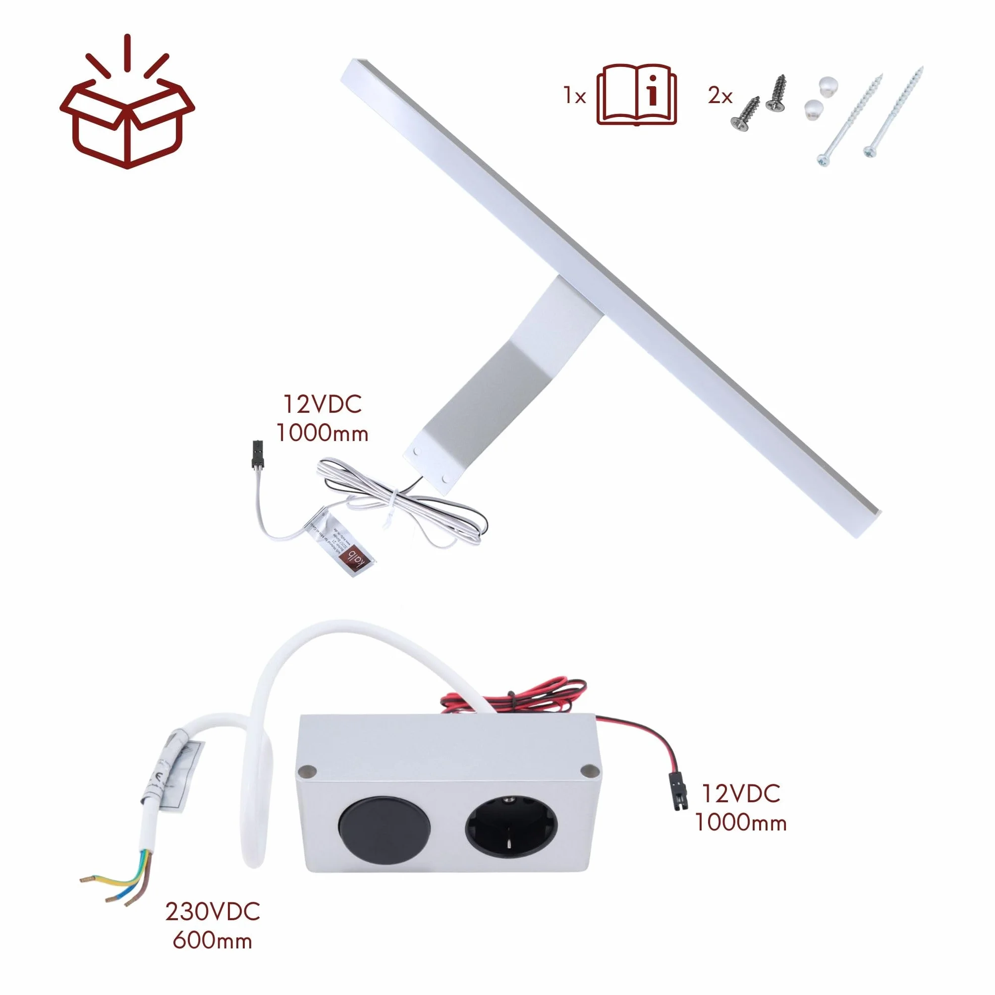cielęcina, lampa LED do montażu lustra Lancea, 34 cm, zestaw z gniazdkiem i przełącznikiem, 5000 K, 470 lm, 230 V AC/12 VDC, lampa do zabudowy szafki z lustrem, srebrna, zimna biel
