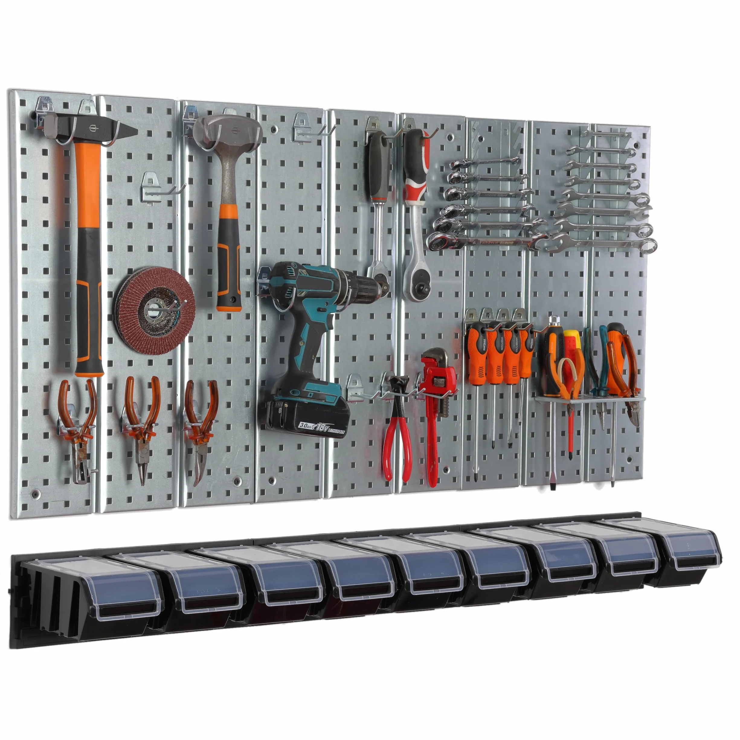 Metalowa ścianka narzędziowa 117 x 72 cm, system przechowywania z uchwytami na narzędzia, hakami narzędziowymi i 9 pudełkami do układania w stos 120 x 200 x 90 mm, kolor: czarny, deska perforowana do