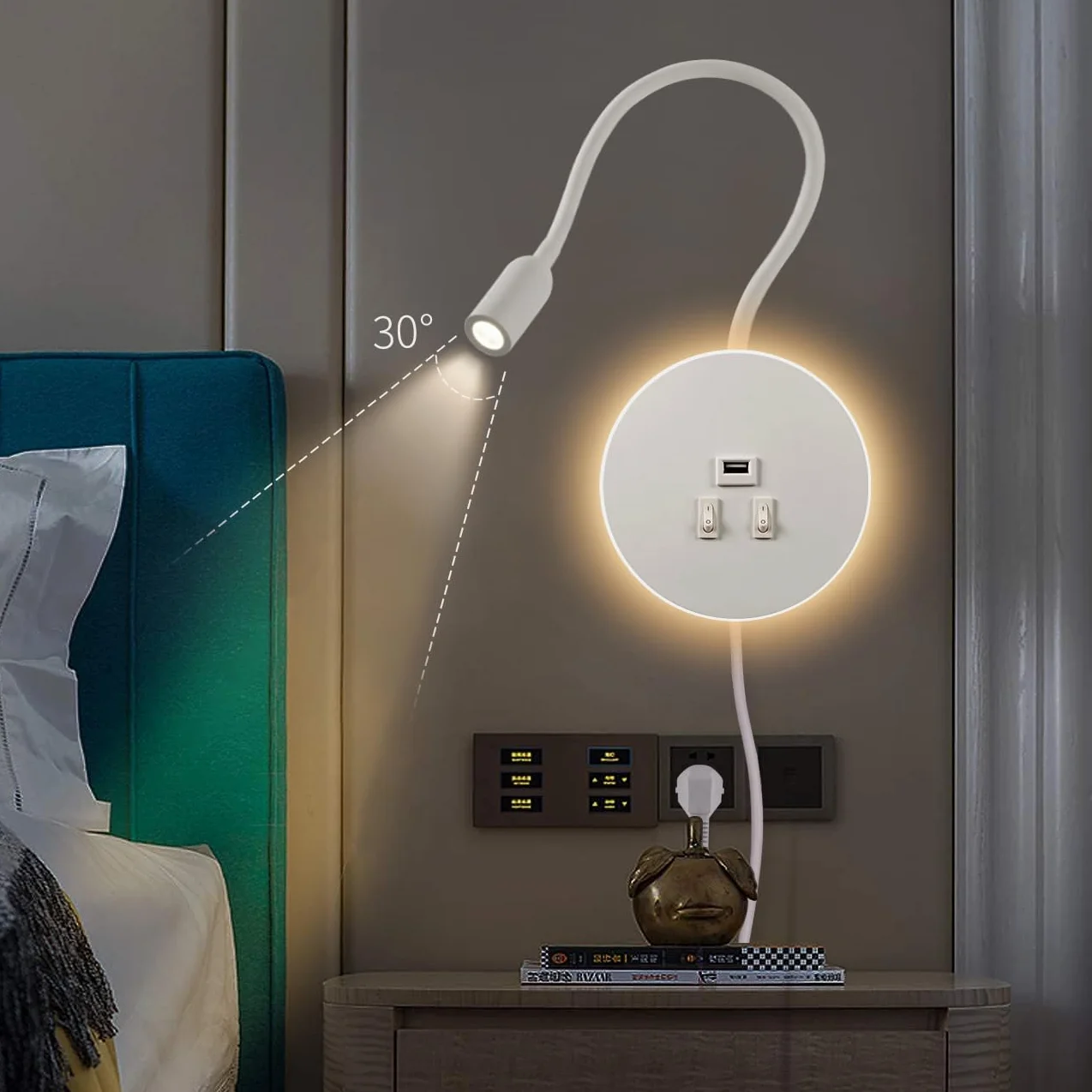 LED Kinkiet, gęsia szyja z Przełącznikiem, z portem ładowania USB, Obrotowa Lampka Nocna Nowoczesna Lampa do Czytania lampki Ścienna, 3W 3000K+8W 6000K do sypialni, Z kablem i wtyczką (Biały)