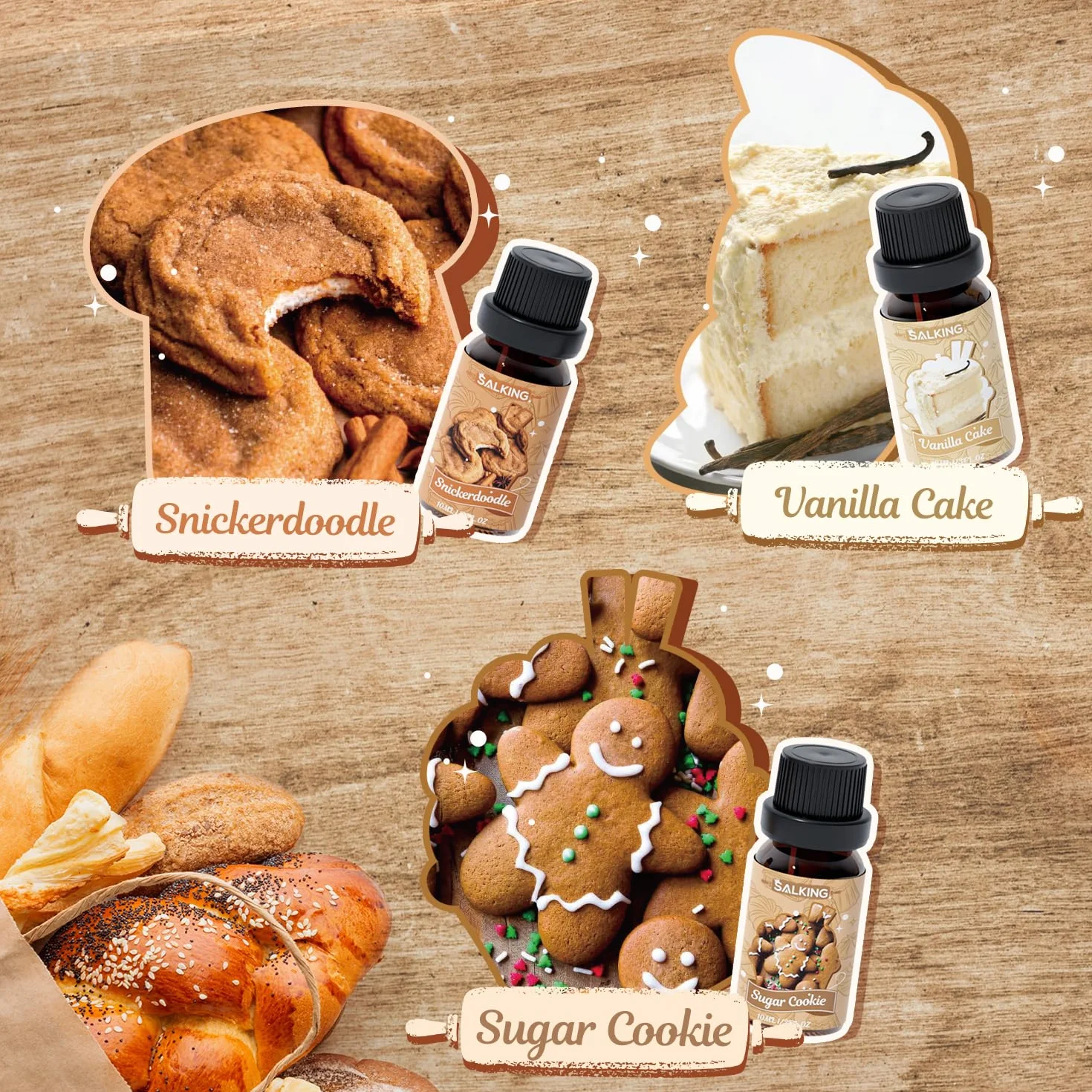 SALKING Zestaw olejków eterycznych do pieczenia, aromaterapii, zestaw prezentowy, olejki zapachowe do dyfuzora, 6 x 10 ml czekoladowe ciasteczka, jabłecznik, bułeczki cynamonowe, ciasto waniliowe