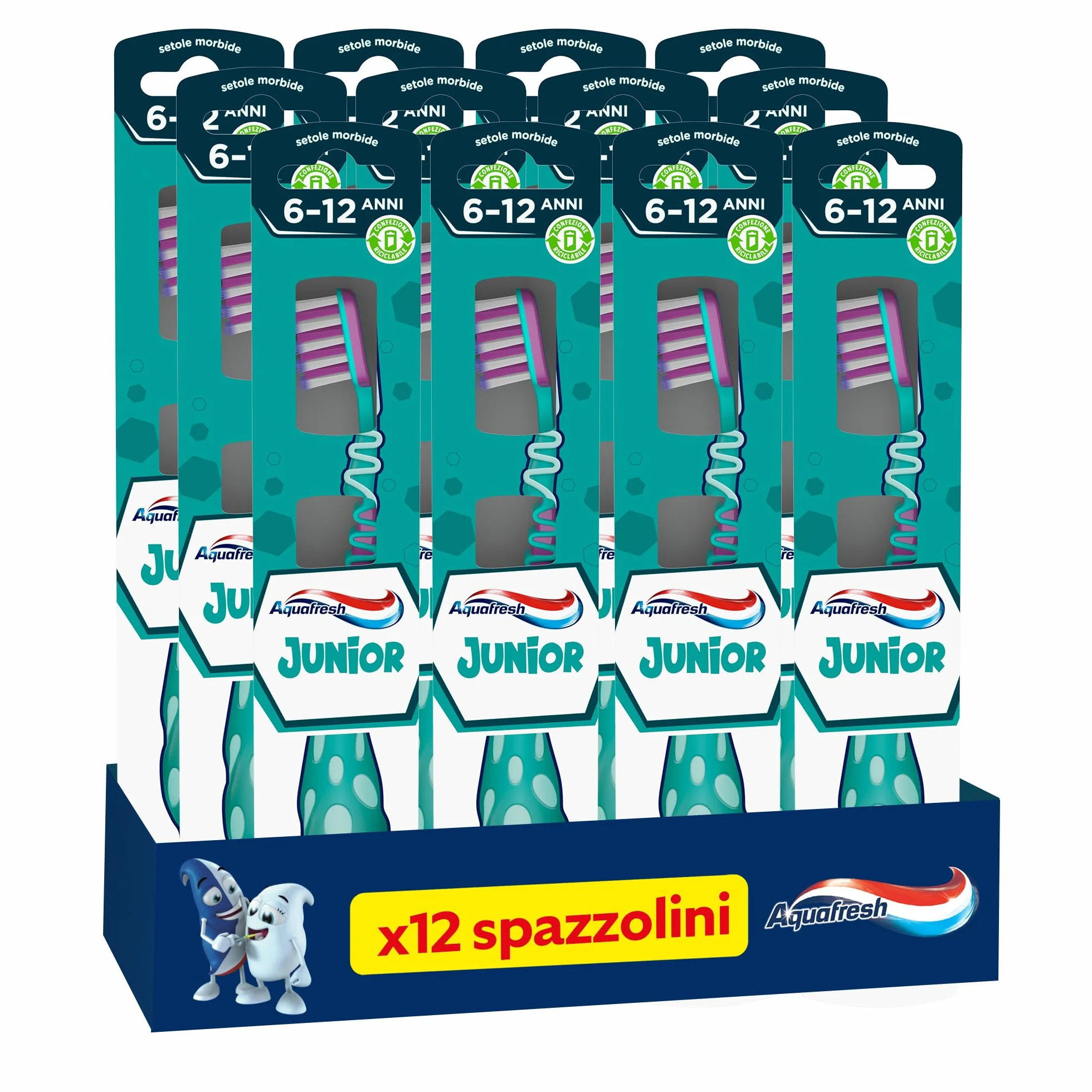 Aquafresh Junior Szczoteczka do zębów dla dzieci w wieku 6-12 lat, zęby mleczne i trwałe, miękkie włosie, skuteczne czyszczenie, elastyczna szyja, opakowanie 12 szt