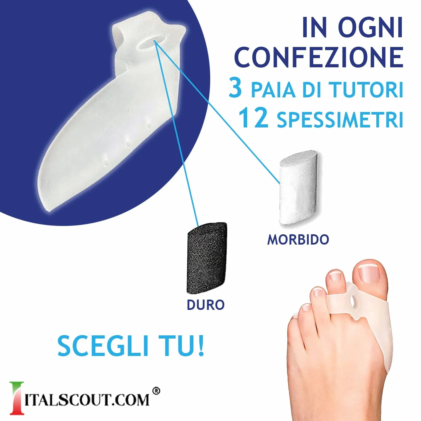 Italscout -6X Koślawego Palucha Korektora+12 Grubościomierzy, Ochrona Mężczyzn Kobieta, Separator I Korektor Palce, Silikon,Zapobieganie Bólom Zapalenie kaletki, Odległość prostowania palców, Stopy Hammer