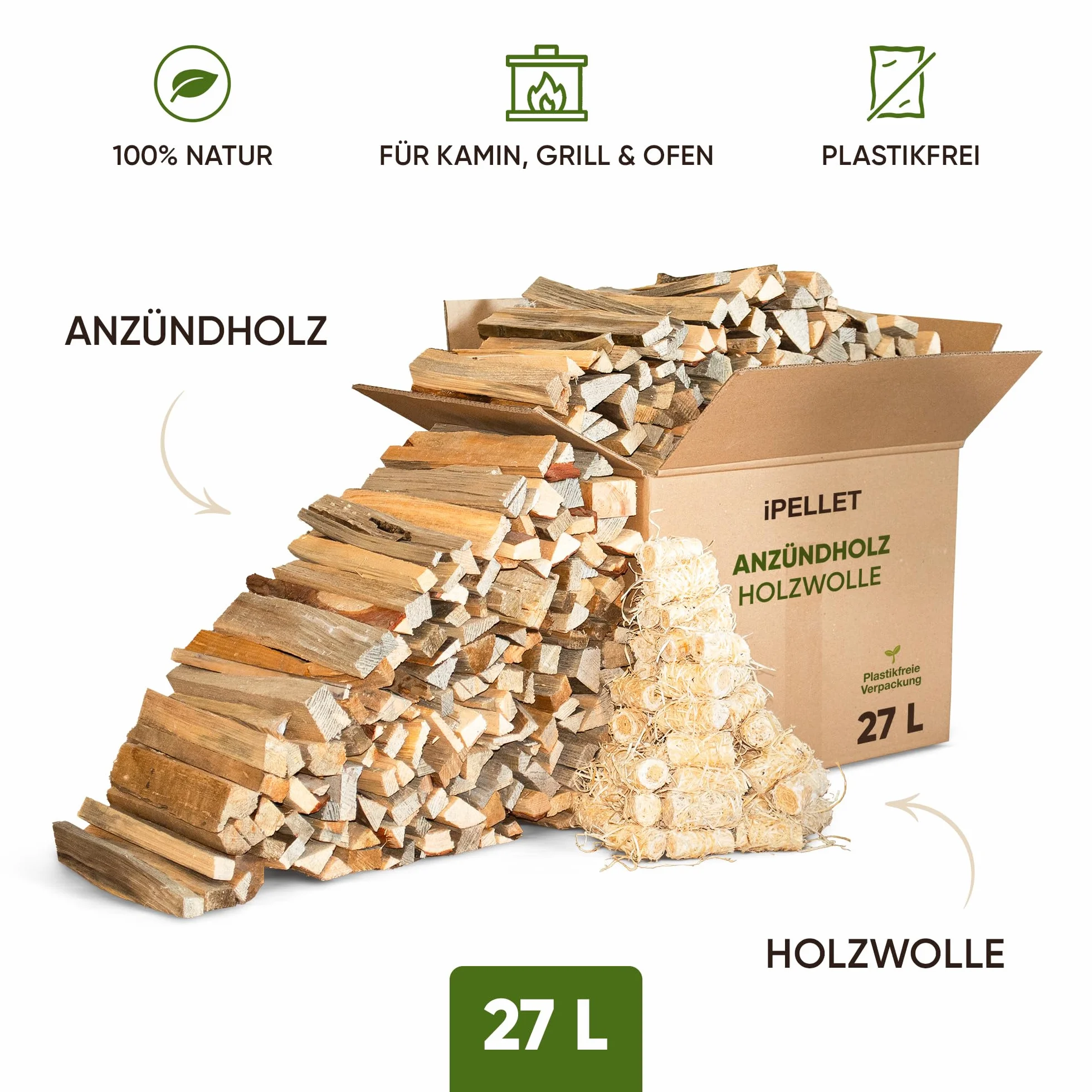 Podpałka z drewna sosnowego, pojemnik 27 l (ok. 7 kg) z podpałką z wełny drzewnej | produkt naturalny, podpałka do kominka do pieca, grilla i paleniska