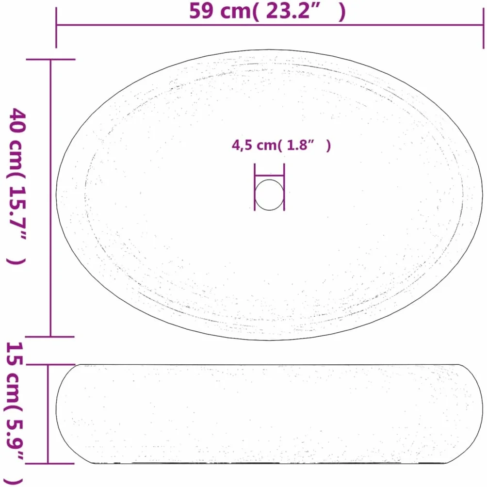 Umywalka nablatowa brązowa owalna z ceramiki 59 x 40 x 15 cm z otworem na kran 4,5 cm do łazienki dla gości, WC